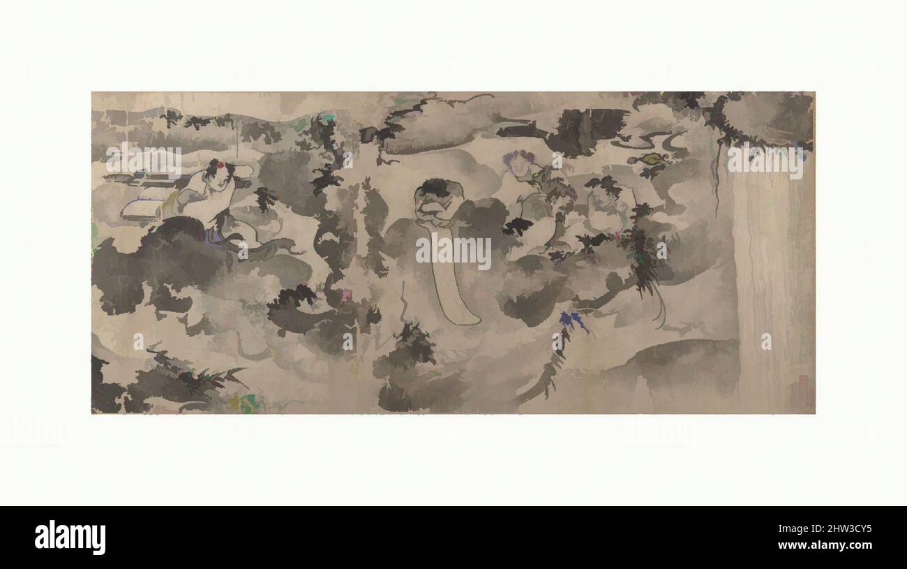 Von 壺天聚樂圖 inspirierte Kunst, fröhliche Zusammenkünfte im Zauberglas, Ming (1368–1644) oder Qing-Dynastie (1644–1911), China, Handscroll; Tinte auf Papier, Bild: 11 1/2 in. × 12 ft. 3 3/8 Zoll (29,2 × 374,4 cm), Gemälde, nicht identifizierter Künstler, im Stil von Gong Kai (Chinesisch, 1222–nach 1304, Klassisches Werk, modernisiert von Artotop mit einem Schuss Moderne. Formen, Farbe und Wert, auffällige visuelle Wirkung auf Kunst. Emotionen durch Freiheit von Kunstwerken auf zeitgemäße Weise. Eine zeitlose Botschaft, die eine wild kreative neue Richtung verfolgt. Künstler, die sich dem digitalen Medium zuwenden und die Artotop NFT erschaffen Stockfoto