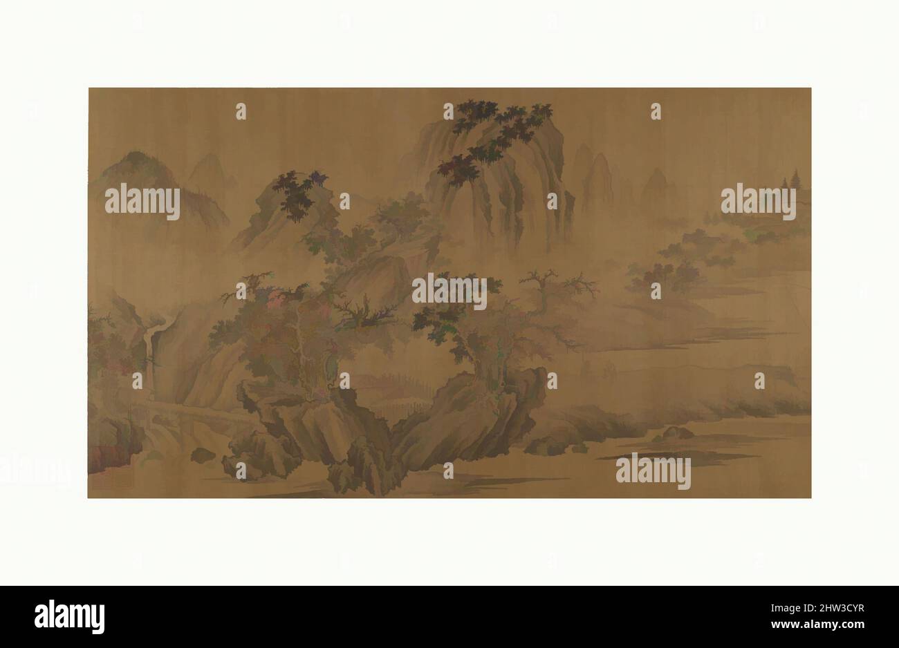 Kunst inspiriert von Einem abgelegenen Fischerdorf, Ming (1368–1644) oder Qing (1644–1911) Dynastie, China, Handscroll; Tinte und Farbe auf Seide, 16 3/8 x 52 Zoll (41,6 x 132,1 cm), Gemälde, nicht identifizierter Künstler, im Stil von Jing Hao (aktiv ca. 900–960, von Artotop modernisierte klassische Werke mit einem Schuss Moderne. Formen, Farbe und Wert, auffällige visuelle Wirkung auf Kunst. Emotionen durch Freiheit von Kunstwerken auf zeitgemäße Weise. Eine zeitlose Botschaft, die eine wild kreative neue Richtung verfolgt. Künstler, die sich dem digitalen Medium zuwenden und die Artotop NFT erschaffen Stockfoto