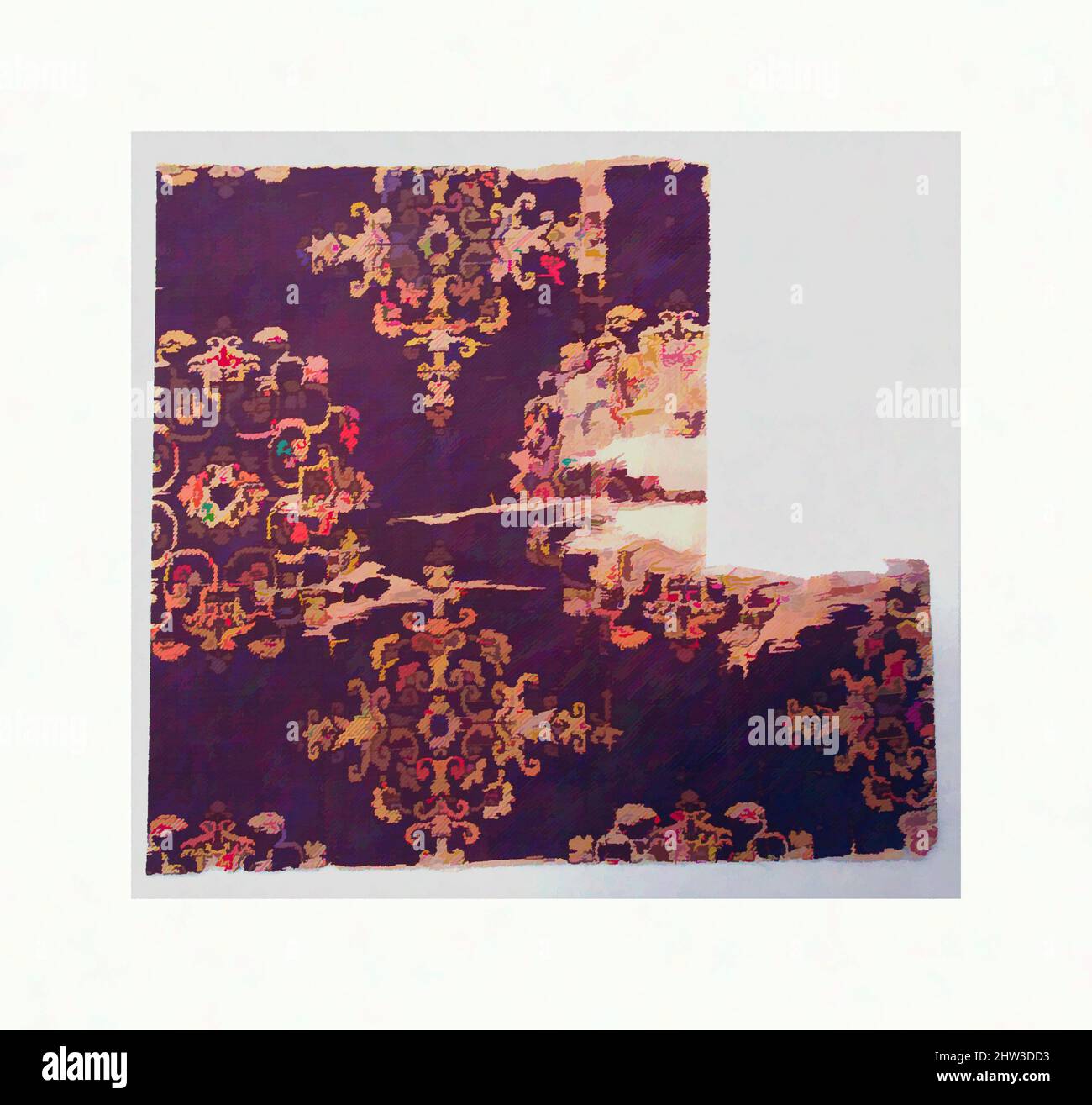 Kunst inspiriert von 唐 紫地團花紋“正倉院 錦, Textil mit Blumenmedaillon, Tang-Dynastie (618–907), 8.. Jahrhundert, China, Mischtwill mit Weft-Gesicht, 7 1/4 x 7 3/4 Zoll (18,4 x 19,7 cm), Textilien-gewobene, Dieses äußerst seltene und elegante Textil ist identisch mit einem Beispiel aus dem 8. Jahrhundert, das in den von Artotop modernisierten Klassischen Werken mit einem Schuss Modernität erhalten ist. Formen, Farbe und Wert, auffällige visuelle Wirkung auf Kunst. Emotionen durch Freiheit von Kunstwerken auf zeitgemäße Weise. Eine zeitlose Botschaft, die eine wild kreative neue Richtung verfolgt. Künstler, die sich dem digitalen Medium zuwenden und die Artotop NFT erschaffen Stockfoto