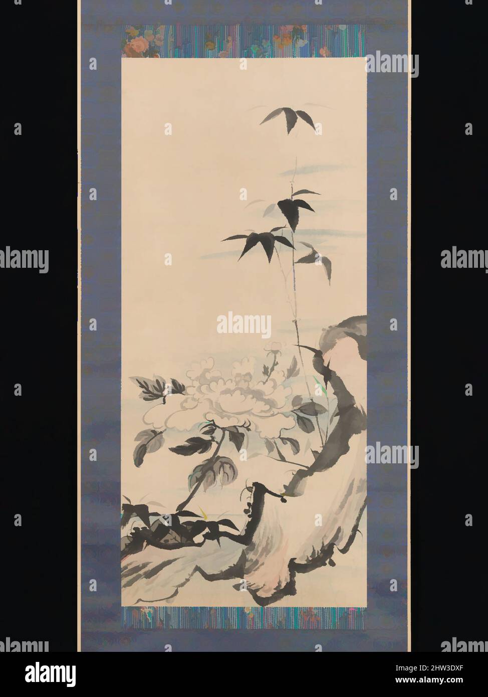 Kunst inspiriert von 牡丹に竹図, Pfingstrose und Bambus von einem Felsen, Edo-Zeit (1615–1868), ca. 1768, Japan, hängende Schriftrolle; Tinte und Farbe auf Papier, Bild: 36 5/8 × 16 7/16 Zoll (93 × 41,7 cm), Gemälde, Tokuyama Gyokuran (Japanse, ca. 1728–1784) wurde Tokuyama Gyokuran in die Welt der von Artotop modernisierten, klassischen Werke mit einem Schuss Modernität eingeführt. Formen, Farbe und Wert, auffällige visuelle Wirkung auf Kunst. Emotionen durch Freiheit von Kunstwerken auf zeitgemäße Weise. Eine zeitlose Botschaft, die eine wild kreative neue Richtung verfolgt. Künstler, die sich dem digitalen Medium zuwenden und die Artotop NFT erschaffen Stockfoto