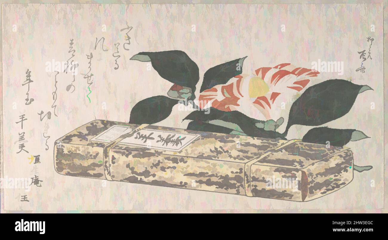 Kunst, inspiriert von Camellia Flower und Yokan (eine Art Bohnengelee), in Bambushaut gehüllt, Edo-Periode (1615–1868), 1811, Japan, Teil eines Albums mit Holzschnitten (Surimono); Tinte und Farbe auf Papier, 4 1/6 x 7 7/16 Zoll (10,6 x 18,9 cm), Drucke, Ryūryūkyo Shinsai (japanisch, aktiv, klassische Werke, die von Artotop mit einem Schuss Modernität modernisiert wurden. Formen, Farbe und Wert, auffällige visuelle Wirkung auf Kunst. Emotionen durch Freiheit von Kunstwerken auf zeitgemäße Weise. Eine zeitlose Botschaft, die eine wild kreative neue Richtung verfolgt. Künstler, die sich dem digitalen Medium zuwenden und die Artotop NFT erschaffen Stockfoto