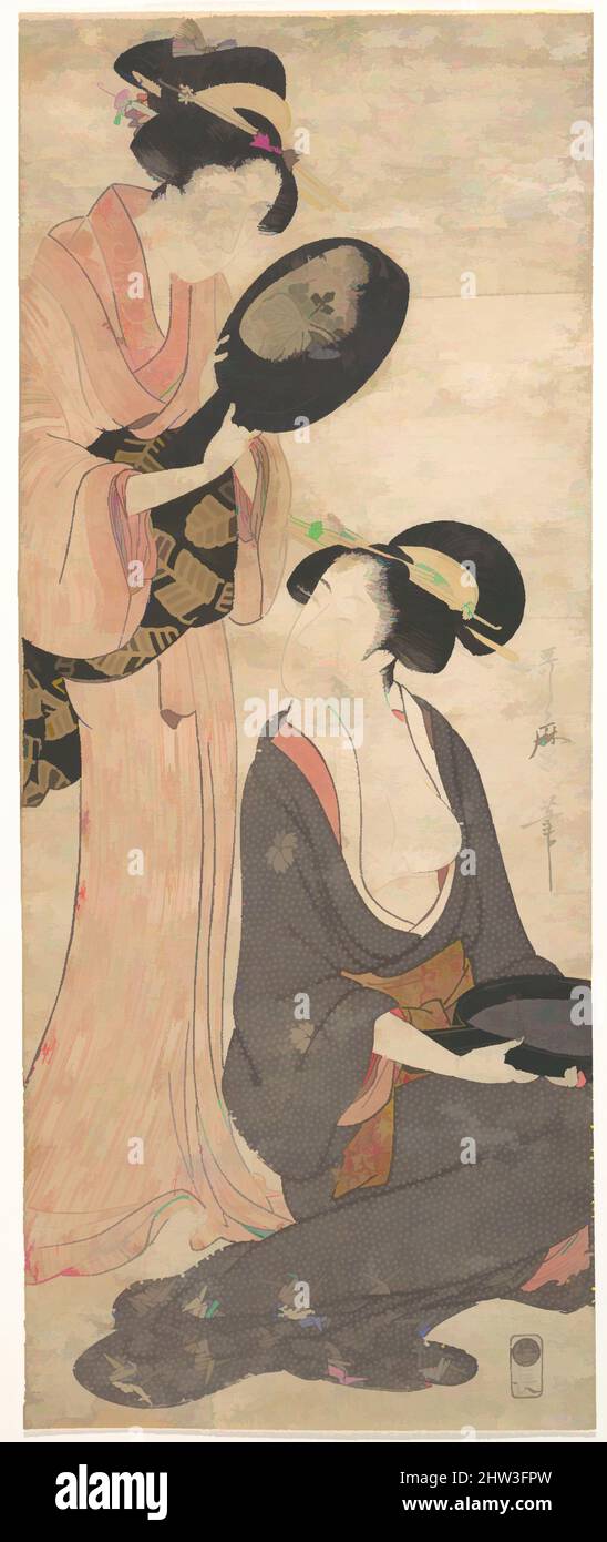 Von zwei Damen inspirierte Kunst, jeweils mit einem Teil eines lackierten Spiegels, Edo-Periode (1615–1868), 1790s, Japan, Polychromer Holzschnitt; Tinte und Farbe auf Papier, H. 18 5/8 Zoll (47,3 cm); B: 7 5/8 Zoll (19,4 cm), Drucke, Kitagawa Utamaro (japanisch, 1753?–1806), Utamaro selektiv verwendet, Klassische Werke, die von Artotop mit einem Hauch von Moderne modernisiert wurden. Formen, Farbe und Wert, auffällige visuelle Wirkung auf Kunst. Emotionen durch Freiheit von Kunstwerken auf zeitgemäße Weise. Eine zeitlose Botschaft, die eine wild kreative neue Richtung verfolgt. Künstler, die sich dem digitalen Medium zuwenden und die Artotop NFT erschaffen Stockfoto