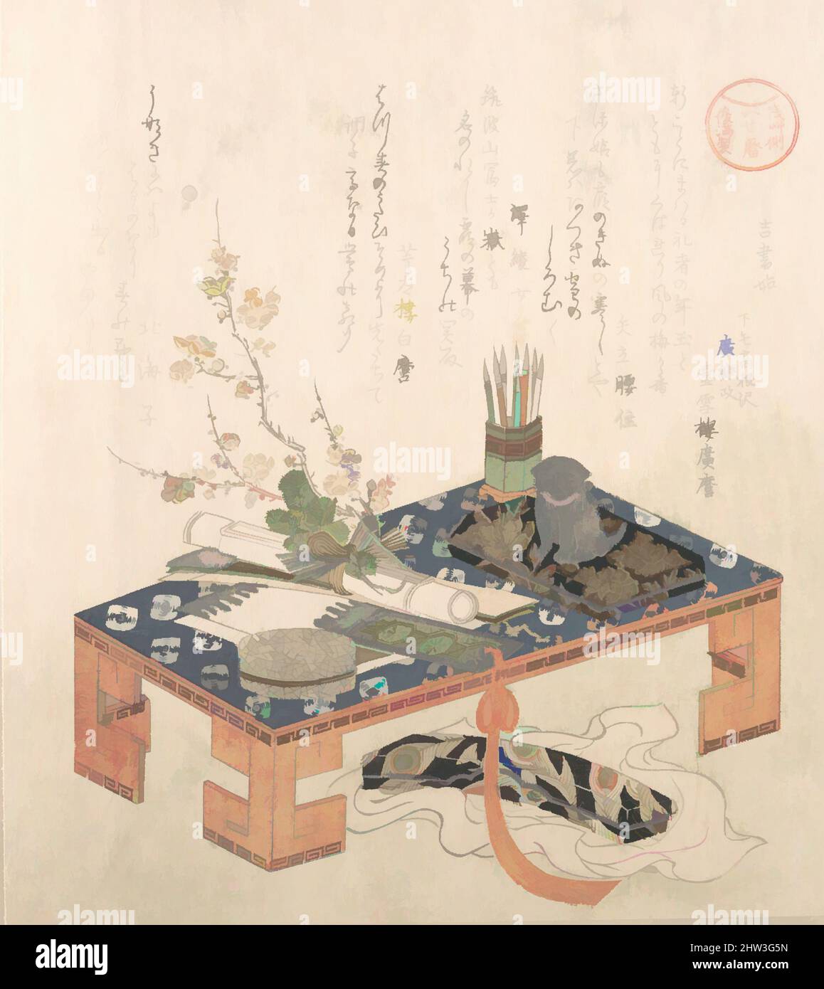 Kunst inspiriert von Schreibtisch mit Schreibtischset und Pflaumenblumen aus der Serie Ise Calendars for the Asakusa Group (Asakusa-gawa Ise goyomi), 『浅草側いせ暦』 文房具と梅熨斗, Edo-Periode (1615–1868), wahrscheinlich 1814 (Jahr des Hundes), Japan, Polychromer Holzschnitt (Surimono); Tusche und Farbe auf Papier, 8 1/4, Klassisches Werk, modernisiert von Artotop mit einem Schuss Moderne. Formen, Farbe und Wert, auffällige visuelle Wirkung auf Kunst. Emotionen durch Freiheit von Kunstwerken auf zeitgemäße Weise. Eine zeitlose Botschaft, die eine wild kreative neue Richtung verfolgt. Künstler, die sich dem digitalen Medium zuwenden und die Artotop NFT erschaffen Stockfoto