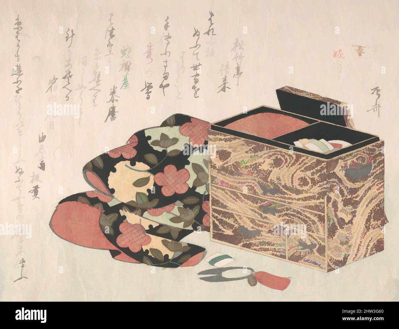 Kunst inspiriert von Lady's Work-Box und Bettkleidung, Edo-Zeit (1615–1868), wahrscheinlich 1816, Japan, Polychromer Holzschnitt (Surimono); Tinte und Farbe auf Papier, 5 5/8 x 7 7/16 Zoll (14,3 x 18,9 cm), Drucke, Ryūryūkyo Shinsai (japanisch, aktiv ca. 1799–1823, von Artotop modernisierte klassische Werke mit einem Schuss Moderne. Formen, Farbe und Wert, auffällige visuelle Wirkung auf Kunst. Emotionen durch Freiheit von Kunstwerken auf zeitgemäße Weise. Eine zeitlose Botschaft, die eine wild kreative neue Richtung verfolgt. Künstler, die sich dem digitalen Medium zuwenden und die Artotop NFT erschaffen Stockfoto
