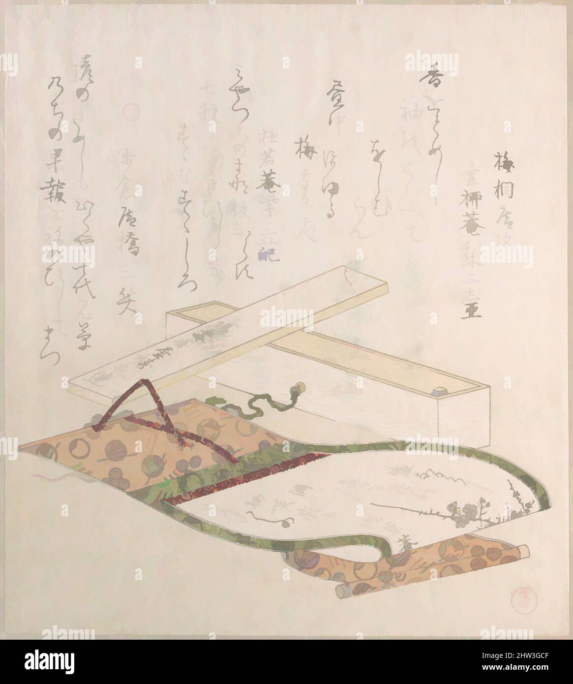 Kunst inspiriert von Kakemono und seiner Schachtel, 18.–19. Jahrhundert, Japan, Polychromer Holzschnitt (Surimono); Tinte und Farbe auf Papier, 8 x 7 3/16 Zoll (20,3 x 18,3 cm), Drucke, Kubo Shunman (japanisch, 1757–1820, Klassisches Werk, modernisiert von Artotop mit einem Schuss Moderne. Formen, Farbe und Wert, auffällige visuelle Wirkung auf Kunst. Emotionen durch Freiheit von Kunstwerken auf zeitgemäße Weise. Eine zeitlose Botschaft, die eine wild kreative neue Richtung verfolgt. Künstler, die sich dem digitalen Medium zuwenden und die Artotop NFT erschaffen Stockfoto