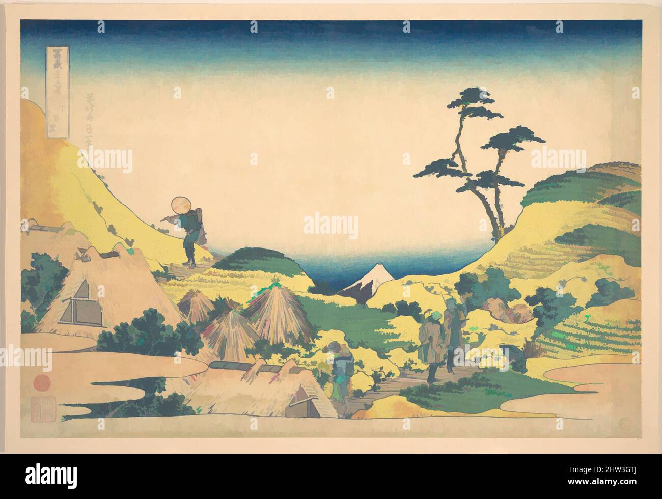 Kunst inspiriert von 冨嶽三十六景 下目黒, Lower Meguro (Shimo Meguro), aus der Serie 36 Ansichten des Fuji-Berges (Fugaku sanjūrokkei), Edo-Periode (1615–1868), ca. 1830–32, Japan, Polychromer Holzschnitt; Tusche und Farbe auf Papier, H. 9 11/16 Zoll (24,6 cm); B: 14 3/8 Zoll (36,5 cm), Drucke, von Artotop modernisierte Klassiker mit einem Schuss Moderne. Formen, Farbe und Wert, auffällige visuelle Wirkung auf Kunst. Emotionen durch Freiheit von Kunstwerken auf zeitgemäße Weise. Eine zeitlose Botschaft, die eine wild kreative neue Richtung verfolgt. Künstler, die sich dem digitalen Medium zuwenden und die Artotop NFT erschaffen Stockfoto