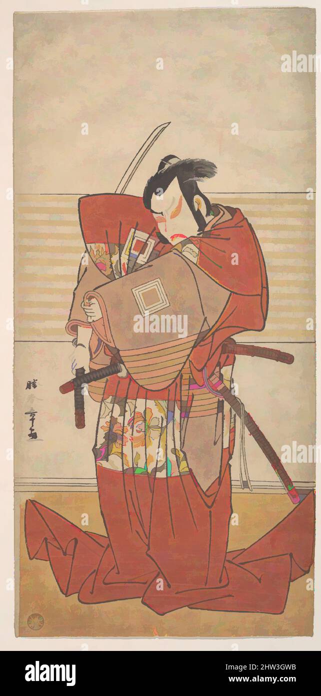 Kunst inspiriert vom Schauspieler Ishikawa Danjuro V, der einen Shibaroku-Akt mit einem gezeichneten Schwert in der Hand durchführte, Edo-Periode (1615–1868), ca. 1781, Japan, Polychromer Holzschnitt; Tinte und Farbe auf Papier, H. 12 1/4 Zoll (31,1 cm); B: 5 7/8 Zoll (14,9 cm), Drucke, Katsukawa Shunshō (Japanisch, Klassische Werke, die von Artotop mit einem Schuss Moderne modernisiert wurden. Formen, Farbe und Wert, auffällige visuelle Wirkung auf Kunst. Emotionen durch Freiheit von Kunstwerken auf zeitgemäße Weise. Eine zeitlose Botschaft, die eine wild kreative neue Richtung verfolgt. Künstler, die sich dem digitalen Medium zuwenden und die Artotop NFT erschaffen Stockfoto