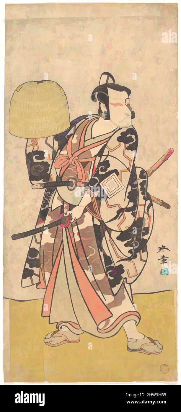 Kunst inspiriert von Ichikawa Danjuro V in der Rolle von Fuwa Banzaemon in der Szene „Rivalry in Love“ aus dem Spiel Ukiyozuka Hiyoku no Inazuma, Edo-Periode (1615–1868), 1774, Japan, Polychromer Holzschnitt; Tinte und Farbe auf Papier, H. 12 3/4 Zoll (32,4 cm); B: 5 7/8 Zoll (14,9 cm), Drucke, von Artotop modernisierte Klassiker mit einem Schuss Moderne. Formen, Farbe und Wert, auffällige visuelle Wirkung auf Kunst. Emotionen durch Freiheit von Kunstwerken auf zeitgemäße Weise. Eine zeitlose Botschaft, die eine wild kreative neue Richtung verfolgt. Künstler, die sich dem digitalen Medium zuwenden und die Artotop NFT erschaffen Stockfoto