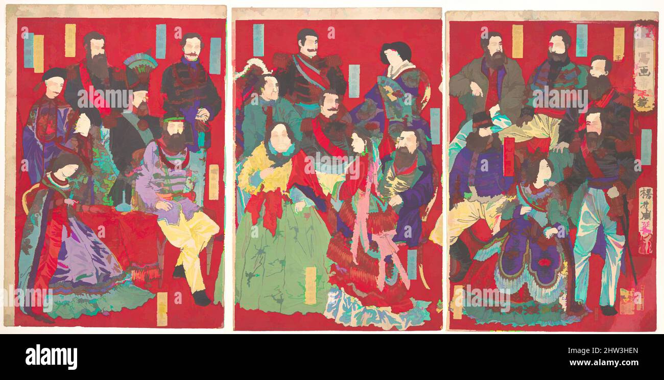 Kunst inspiriert von 世上各国写画帝王鏡, Spiegel der Porträts aller Herrscher der Welt (Sejō kakkoku shaga teiō kagami), Meiji-Zeit (1868–1912), April 1879, Japan, Polychromer Holzschnitt; Tinte und Farbe auf Papier, 14 5/8 x 29 Zoll (37,1 x 73,7 cm), Drucke, Yōshū (Hashimoto) Chikanobu (, Klassisches Werk, das von Artotop mit einem Schuss Moderne modernisiert wurde. Formen, Farbe und Wert, auffällige visuelle Wirkung auf Kunst. Emotionen durch Freiheit von Kunstwerken auf zeitgemäße Weise. Eine zeitlose Botschaft, die eine wild kreative neue Richtung verfolgt. Künstler, die sich dem digitalen Medium zuwenden und die Artotop NFT erschaffen Stockfoto