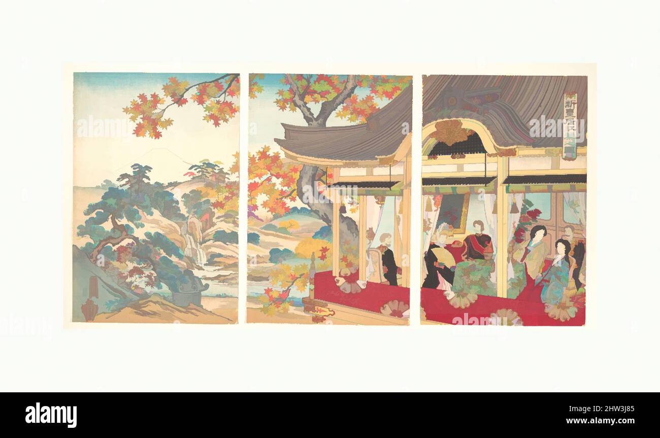 Vom Herbstlaub inspirierte Kunst im Neuen Kaiserpalast, Meiji-Zeit (1868–1912), 1888 (Meiji 21, 11. Monate), Japan, Triptychon aus polychromen Holzschnitten; Tinte und Farbe auf Papier, Oban; 14 1/2 x 28 1/4 Zoll (36,8 x 71,8 cm), Drucke, nicht identifizierter Künstler, Klassisches Werk, das von Artotop mit einem Schuss Moderne modernisiert wurde. Formen, Farbe und Wert, auffällige visuelle Wirkung auf Kunst. Emotionen durch Freiheit von Kunstwerken auf zeitgemäße Weise. Eine zeitlose Botschaft, die eine wild kreative neue Richtung verfolgt. Künstler, die sich dem digitalen Medium zuwenden und die Artotop NFT erschaffen Stockfoto