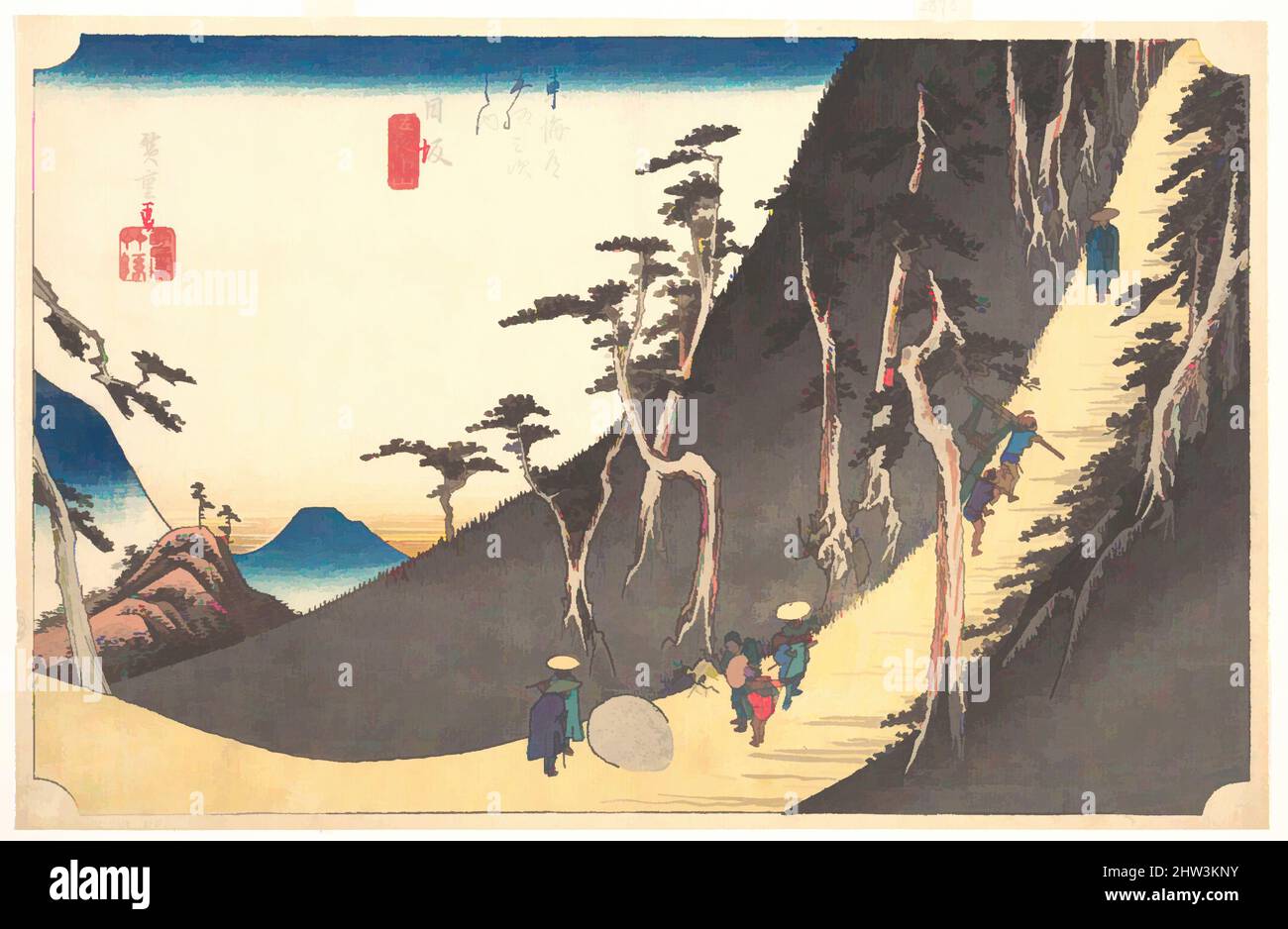 Kunst inspiriert von Nissaka-sayo no Naka Yama, 東海道五十三次之内 日坂 佐夜の中山, Station sechsundzwanzig: Nissaka, Sayo no Nakayama, aus den 53 Stationen des Tokaido, Edo-Periode (1615–1868), ca. 1833–34, Japan, Polychromer Holzschnitt; Tinte und Farbe auf Papier, 9 3/8 x 14 3/8 Zoll (23,8 x 36,5 cm, Classic Works modernisiert von Artotop mit einem Schuss Modernität. Formen, Farbe und Wert, auffällige visuelle Wirkung auf Kunst. Emotionen durch Freiheit von Kunstwerken auf zeitgemäße Weise. Eine zeitlose Botschaft, die eine wild kreative neue Richtung verfolgt. Künstler, die sich dem digitalen Medium zuwenden und die Artotop NFT erschaffen Stockfoto