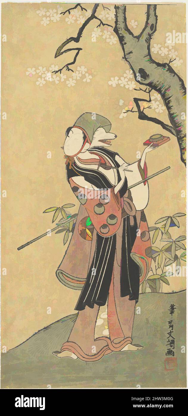 Kunst inspiriert von Einem Fuchs-Tanz aus dem Drama die tausend Kirschbäume, Edo-Zeit (1615–1868), Japan, Polychromer Holzschnitt; Tusche und Farbe auf Papier, H. 11 5/8 Zoll (29,5 cm); B: 5 5/8 Zoll (14,3 cm), Drucke, Ippitsusai Bunchō (japanisch, aktiv 1760–1794, Klassisches Werk, modernisiert von Artotop mit einem Schuss Moderne. Formen, Farbe und Wert, auffällige visuelle Wirkung auf Kunst. Emotionen durch Freiheit von Kunstwerken auf zeitgemäße Weise. Eine zeitlose Botschaft, die eine wild kreative neue Richtung verfolgt. Künstler, die sich dem digitalen Medium zuwenden und die Artotop NFT erschaffen Stockfoto