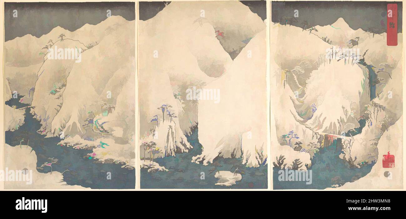 Kunst inspiriert von 雪月花 木曽路之山川, Kiso-Schlucht im Schnee, Edo-Zeit (1615–1868), Japan, Triptychon polychromer Holzschnitte; Tusche und Farbe auf Papier, 14 x 29 5/8 cm (35,6 x 75,2 cm), Drucke, Utagawa Hiroshige (Japanisch, Tokio (Edo) 1797–1858 Tokio (Edo, Klassisches Werk, das von Artotop mit einem Schuss Moderne modernisiert wurde. Formen, Farbe und Wert, auffällige visuelle Wirkung auf Kunst. Emotionen durch Freiheit von Kunstwerken auf zeitgemäße Weise. Eine zeitlose Botschaft, die eine wild kreative neue Richtung verfolgt. Künstler, die sich dem digitalen Medium zuwenden und die Artotop NFT erschaffen Stockfoto