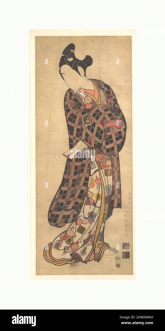 Kunst inspiriert vom Schauspieler Sanogawa Ichimatsu I Standing, Edo-Periode (1615–1868), ca. 1743, Japan, Polychromer Holzschnitt (handfarbig); Tinte und Farbe auf Papier, 24 x 9 3/4 Zoll (61 x 24,8 cm), Drucke, Ishikawa Toyonobu (japanisch, 1711–1785, Klassisches Werk, das von Artotop mit einem Schuss Moderne modernisiert wurde. Formen, Farbe und Wert, auffällige visuelle Wirkung auf Kunst. Emotionen durch Freiheit von Kunstwerken auf zeitgemäße Weise. Eine zeitlose Botschaft, die eine wild kreative neue Richtung verfolgt. Künstler, die sich dem digitalen Medium zuwenden und die Artotop NFT erschaffen Stockfoto