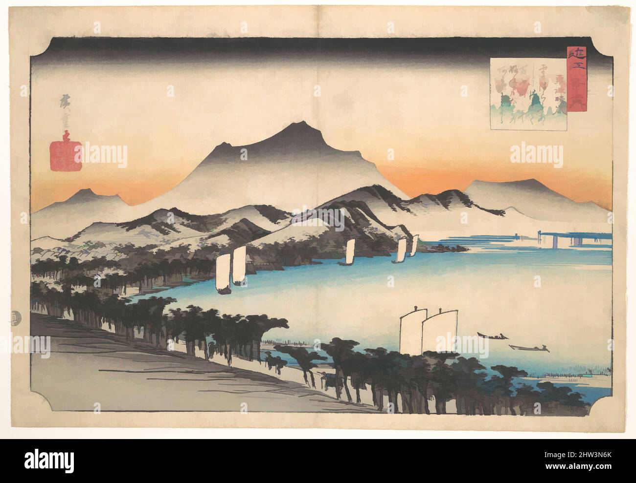 Kunst inspiriert von 近江八景之内 粟津晴嵐, Clearing Weather at Awazu, Edo-Zeit (1615–1868), ca. 1832, Japan, Polychromer Holzschnitt; Tinte und Farbe auf Papier, 8 7/8 x 13 3/4 Zoll (22,5 x 34,9 cm), Drucke, Utagawa Hiroshige (japanisch, Tokyo (Edo) 1797–1858 Tokyo (Edo)), in der bedruckten Kartusche, von Artotop modernisierte Klassiker mit einem Schuss Moderne. Formen, Farbe und Wert, auffällige visuelle Wirkung auf Kunst. Emotionen durch Freiheit von Kunstwerken auf zeitgemäße Weise. Eine zeitlose Botschaft, die eine wild kreative neue Richtung verfolgt. Künstler, die sich dem digitalen Medium zuwenden und die Artotop NFT erschaffen Stockfoto