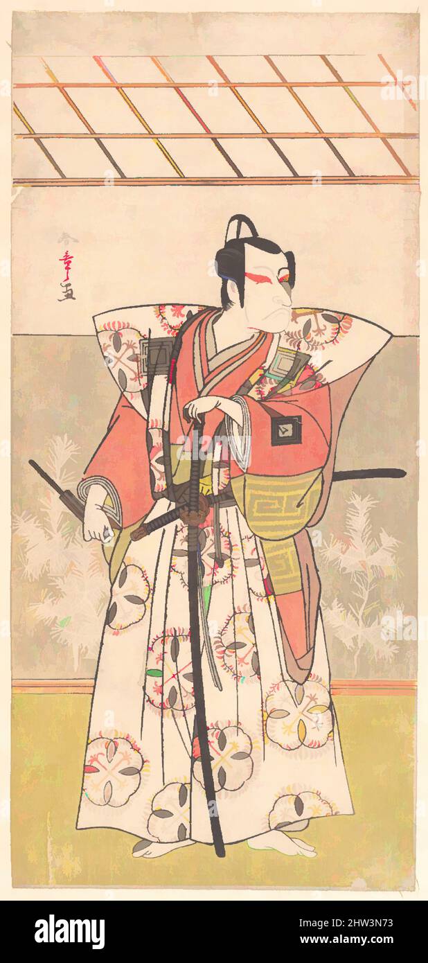 Kunst inspiriert von Ichikawa Danjuro V als Samurai von hohem Rang, Edo-Periode (1615–1868), ca. 1778, Japan, Polychromer Holzschnitt; Tinte und Farbe auf Papier, 12 3/4 x 5 7/8 Zoll (32,4 x 14,9 cm), Drucke, Katsukawa Shunshō (japanisch, 1726–1792, Klassische Werke, die von Artotop mit einem Schuss Moderne modernisiert wurden. Formen, Farbe und Wert, auffällige visuelle Wirkung auf Kunst. Emotionen durch Freiheit von Kunstwerken auf zeitgemäße Weise. Eine zeitlose Botschaft, die eine wild kreative neue Richtung verfolgt. Künstler, die sich dem digitalen Medium zuwenden und die Artotop NFT erschaffen Stockfoto