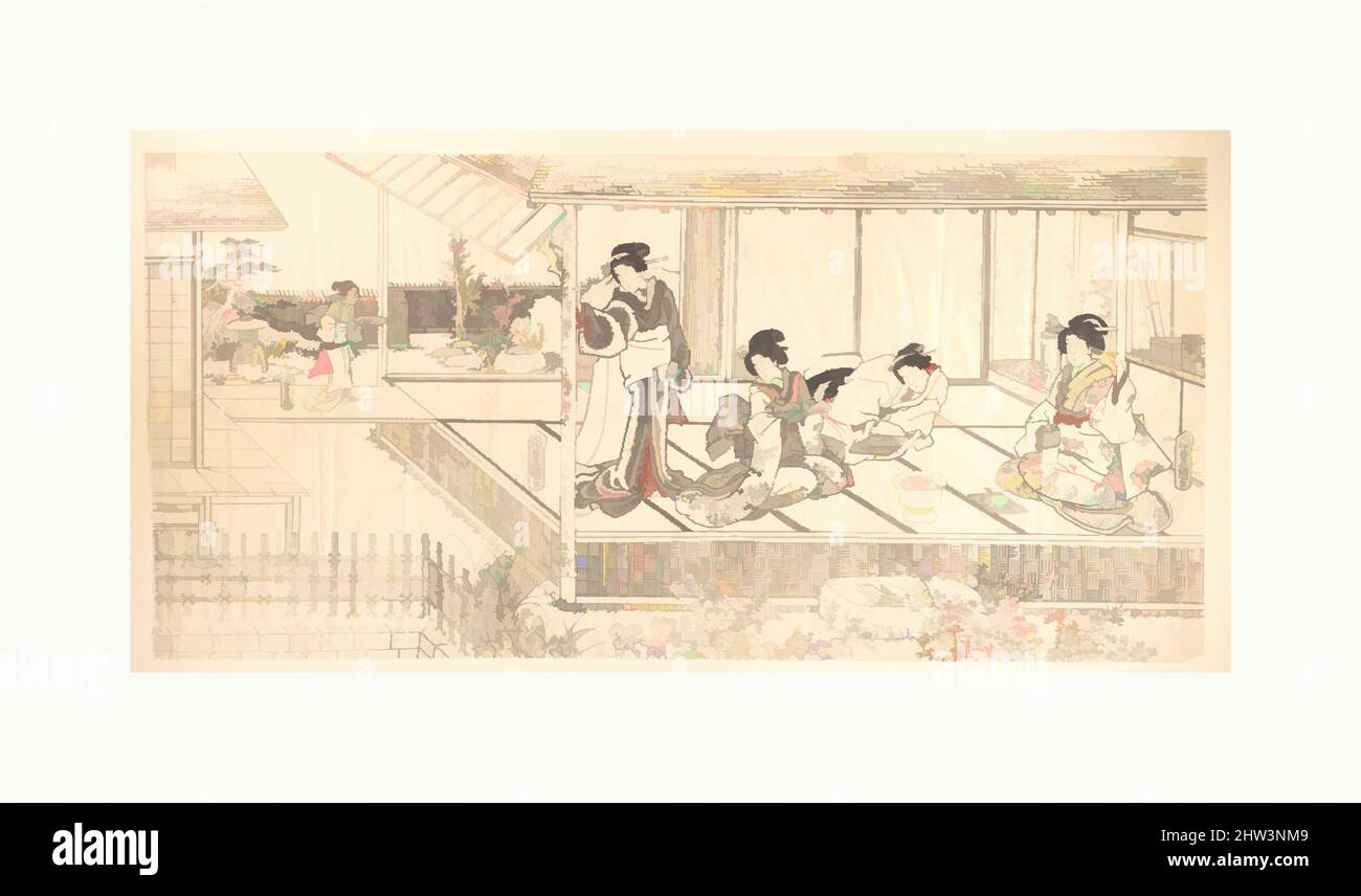 Kunst inspiriert von zwei Hofladies (Goten Jochu) und einer Geisha in einem Restaurant, Edo-Zeit (1615–1868), nach 1844, Japan, Triptychon polychromer Holzschnitte; Tinte und Farbe auf dünnem Papier, 14 1/4 x 30 1/2 Zoll (36,2 x 77,5 cm), Drucke, Utagawa Kunisada (japanisch, 1786–1865), Ichiransai, Klassische Werke, die von Artotop mit einem Hauch von Moderne modernisiert wurden. Formen, Farbe und Wert, auffällige visuelle Wirkung auf Kunst. Emotionen durch Freiheit von Kunstwerken auf zeitgemäße Weise. Eine zeitlose Botschaft, die eine wild kreative neue Richtung verfolgt. Künstler, die sich dem digitalen Medium zuwenden und die Artotop NFT erschaffen Stockfoto