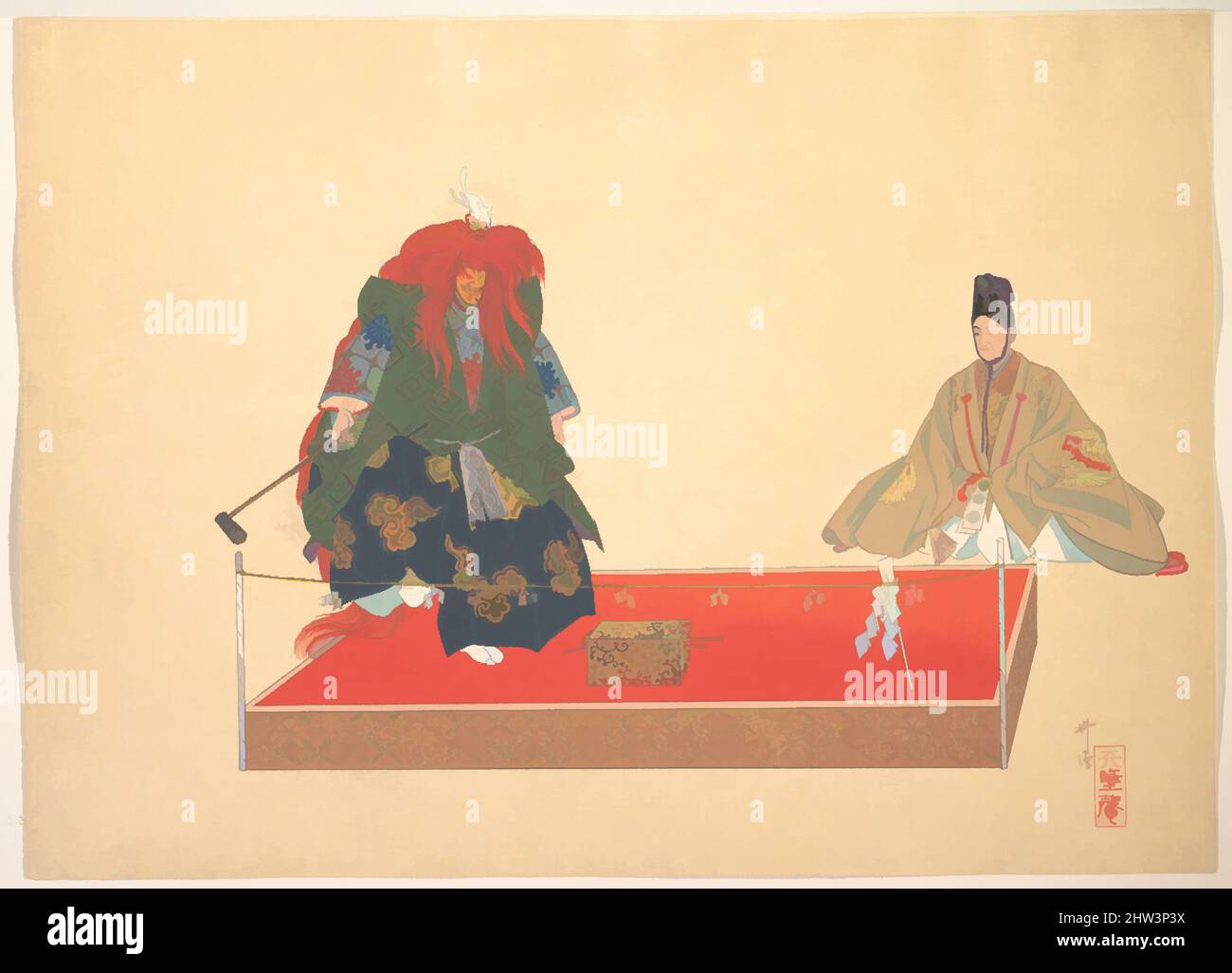 Kunst inspiriert von Illustration of Noh Dance Scene, Meiji-Periode (1868–1912), ca. 1910, Japan, Polychromer Holzschnitt; Tinte und Farbe auf Papier, 14 1/2 x 20 1/16 Zoll (36,8 x 51 cm), Drucke, Tsukioka Kōgyo (japanisch, 1869–1927, Klassisches Werk, modernisiert von Artotop mit einem Schuss Moderne. Formen, Farbe und Wert, auffällige visuelle Wirkung auf Kunst. Emotionen durch Freiheit von Kunstwerken auf zeitgemäße Weise. Eine zeitlose Botschaft, die eine wild kreative neue Richtung verfolgt. Künstler, die sich dem digitalen Medium zuwenden und die Artotop NFT erschaffen Stockfoto