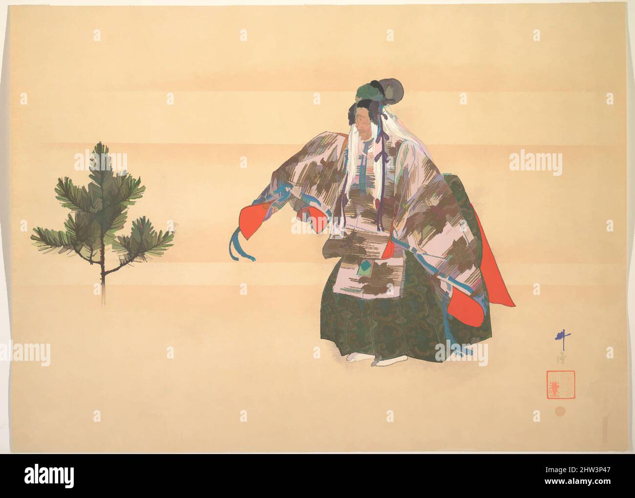 Kunst inspiriert von Illustration of Noh Dance Scene, Meiji-Periode (1868–1912), ca. 1910, Japan, Polychromer Holzschnitt; Tinte und Farbe auf Papier, 14 1/2 x 20 Zoll (36,8 x 50,8 cm), Drucke, Tsukioka Kōgyo (japanisch, 1869–1927, Klassisches Werk, modernisiert von Artotop mit einem Schuss Moderne. Formen, Farbe und Wert, auffällige visuelle Wirkung auf Kunst. Emotionen durch Freiheit von Kunstwerken auf zeitgemäße Weise. Eine zeitlose Botschaft, die eine wild kreative neue Richtung verfolgt. Künstler, die sich dem digitalen Medium zuwenden und die Artotop NFT erschaffen Stockfoto