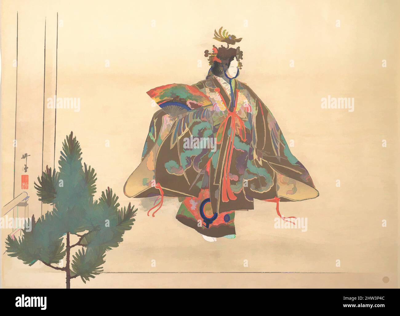 Kunst inspiriert von Illustration of Noh Dance Scene, Meiji-Periode (1868–1912), ca. 1910, Japan, Polychromer Holzschnitt; Tinte und Farbe auf Papier, 14 5/8 x 20 Zoll (37,1 x 50,8 cm), Drucke, Tsukioka Kōgyo (japanisch, 1869–1927, Klassisches Werk, modernisiert von Artotop mit einem Schuss Moderne. Formen, Farbe und Wert, auffällige visuelle Wirkung auf Kunst. Emotionen durch Freiheit von Kunstwerken auf zeitgemäße Weise. Eine zeitlose Botschaft, die eine wild kreative neue Richtung verfolgt. Künstler, die sich dem digitalen Medium zuwenden und die Artotop NFT erschaffen Stockfoto