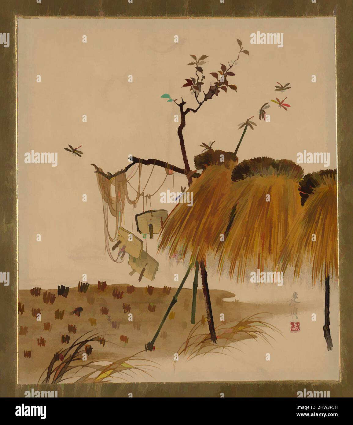 Kunst inspiriert von Lackmalerei verschiedener Themen: Reissstapel und Fliegen, Meiji-Zeit (1868–1912), 1882, Japan, Lack auf Papier, 7 1/2 x 6 1/2 Zoll (19,1 x 16,5 cm), Gemälde, Shibata Zeshin (japanisch, 1807–1891), der starke Farbeffekt, den man in diesem Album sieht, wird durch die von Artotop modernisierten Classic Works mit einem Schuss Moderne erreicht. Formen, Farbe und Wert, auffällige visuelle Wirkung auf Kunst. Emotionen durch Freiheit von Kunstwerken auf zeitgemäße Weise. Eine zeitlose Botschaft, die eine wild kreative neue Richtung verfolgt. Künstler, die sich dem digitalen Medium zuwenden und die Artotop NFT erschaffen Stockfoto