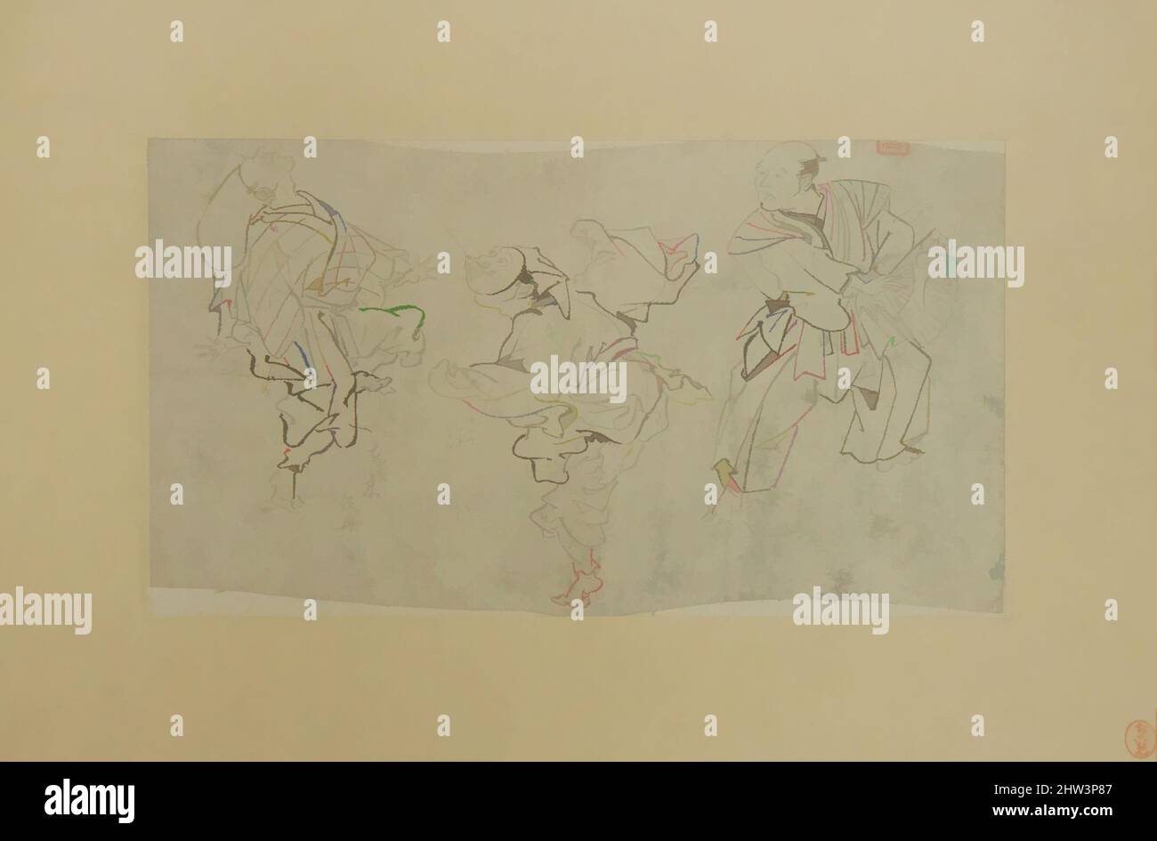 Kunst inspiriert von drei Kyōgen-Tänzern, Meiji-Zeit (1868–1912), Ende des 19.. Jahrhunderts, Japan, Tinte auf Papier, 6 x 10 1/4 Zoll (15,2 x 26 cm), Gemälde, Kawanabe Kyōsai (japanisch, 1831–1889), Dies scheint eine Vorzeichnung von Kyōsai zu einem Gemälde von kyōgen (humorvoll dramatisch, Klassische Werke, die von Artotop mit einem Schuss Moderne modernisiert wurden. Formen, Farbe und Wert, auffällige visuelle Wirkung auf Kunst. Emotionen durch Freiheit von Kunstwerken auf zeitgemäße Weise. Eine zeitlose Botschaft, die eine wild kreative neue Richtung verfolgt. Künstler, die sich dem digitalen Medium zuwenden und die Artotop NFT erschaffen Stockfoto