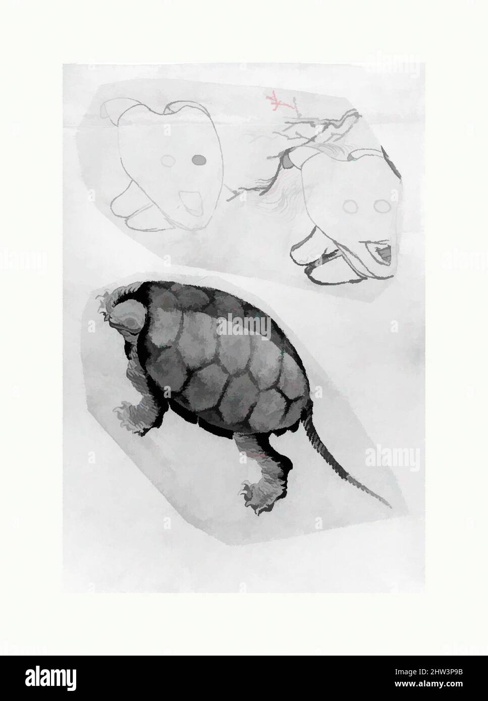 Kunst inspiriert durch zwei Skizzen: Eine Schildkröte, die andere von zwei nicht identifizierten Objekten, Edo-Zeit (1615–1868), 18.–19. Jahrhundert, Japan, Tinte und Farbe auf Papier, Schildkröte: 5 x 9 5/16 Zoll (12,7 x 23,7 cm), Gemälde, zugeschrieben Katsushika Hokusai (Japanisch, Tokio (Edo) 1760–1849 Tokio (, Klassische Werke, die von Artotop mit einem Schuss Moderne modernisiert wurden. Formen, Farbe und Wert, auffällige visuelle Wirkung auf Kunst. Emotionen durch Freiheit von Kunstwerken auf zeitgemäße Weise. Eine zeitlose Botschaft, die eine wild kreative neue Richtung verfolgt. Künstler, die sich dem digitalen Medium zuwenden und die Artotop NFT erschaffen Stockfoto