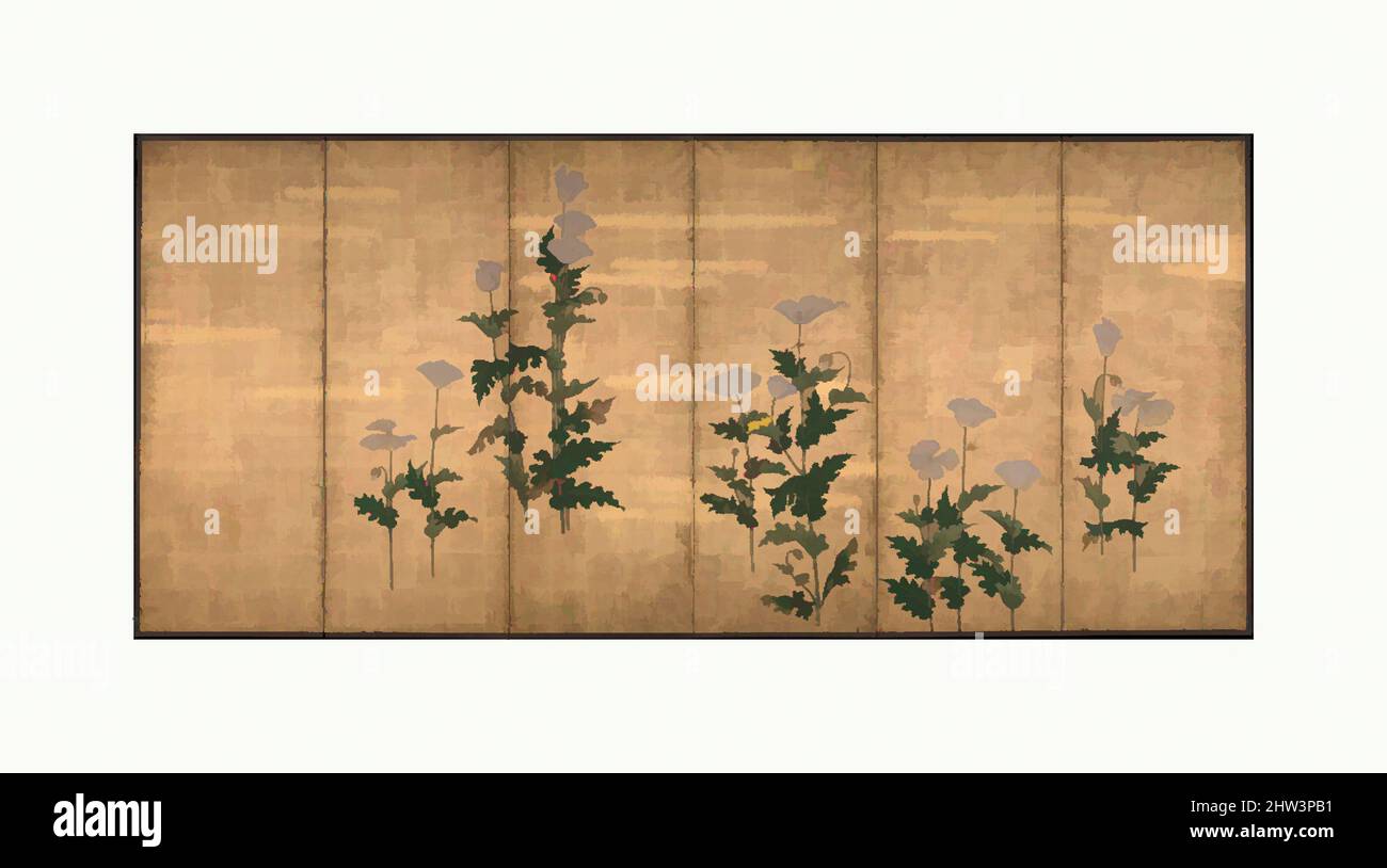 Kunst inspiriert von weißen Mohnblumen auf Goldgrund, Edo-Zeit (1615–1868), Japan, Sechsfeld-Faltschachtel; Farbe auf Papier, 67 x 12 Fuß 7 Zoll (170,2 x 383,5 cm), Leinwände, School of Ogata Kōrin (japanisch, 1658–1716, Klassische Werke, die von Artotop mit einem Schuss Moderne modernisiert wurden. Formen, Farbe und Wert, auffällige visuelle Wirkung auf Kunst. Emotionen durch Freiheit von Kunstwerken auf zeitgemäße Weise. Eine zeitlose Botschaft, die eine wild kreative neue Richtung verfolgt. Künstler, die sich dem digitalen Medium zuwenden und die Artotop NFT erschaffen Stockfoto