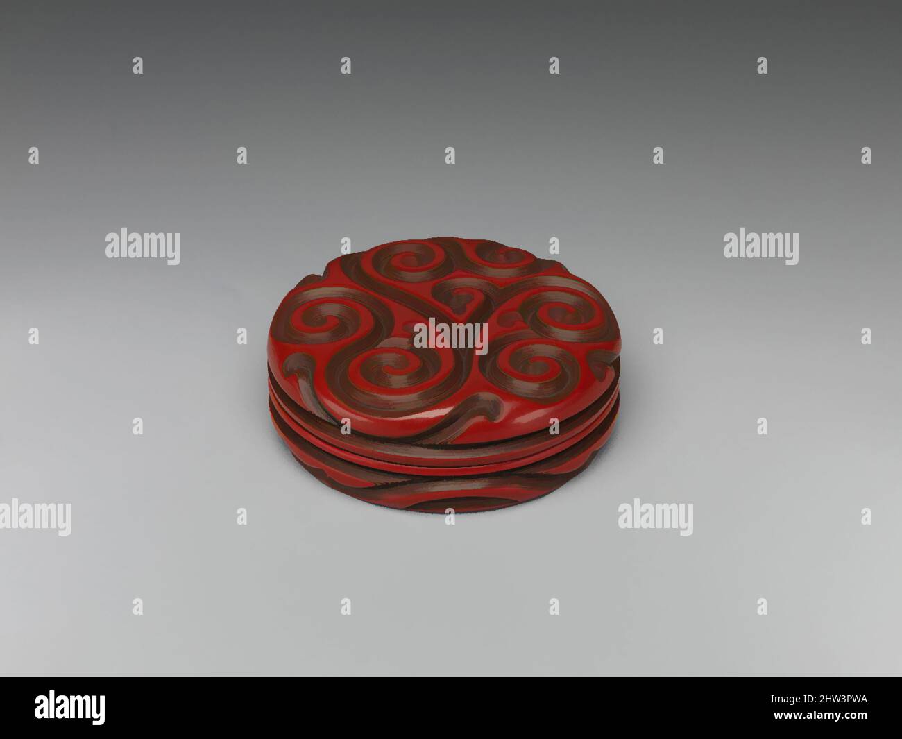 Von 元 朱面剔犀香草紋漆盒 inspirierte Kunst, Räucherkasten mit „duftendem Gras“-Design, Yuan-Dynastie (1271–1368), 14.. Jahrhundert, China, geschnitzt schwarz, Rot und gelb lackiert, H. 1 1/4 Zoll (3,2 cm); Durchm. 3 3/8 Zoll (8,6 cm), Lack, geschnitzte Lacke, in denen eine vorherrschende Farbe – in diesem Fall rot – ist, Classic Works modernisiert von Artotop mit einem Schuss Moderne. Formen, Farbe und Wert, auffällige visuelle Wirkung auf Kunst. Emotionen durch Freiheit von Kunstwerken auf zeitgemäße Weise. Eine zeitlose Botschaft, die eine wild kreative neue Richtung verfolgt. Künstler, die sich dem digitalen Medium zuwenden und die Artotop NFT erschaffen Stockfoto