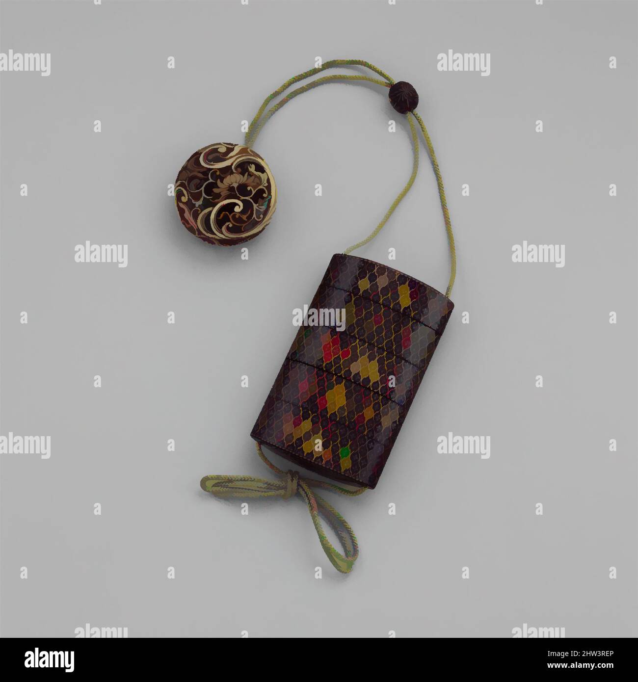 Kunst inspiriert von 幾何模様蒔絵印籠, Inrō mit geometrischem Muster, Edo-Zeit (1615–1868), erste Hälfte des the19.. Jahrhunderts, Japan, vier Gehäuse; lackiertes Holz mit Metall- und Perlmutt-Intarsien auf schwarzem Lackgrund; Netsuke: ryūsa-Typ geschnitztes Elfenbein; florales Design; Ojime: Metallperle mit, Classic Works modernisiert von Artotop mit einem Schuss Moderne. Formen, Farbe und Wert, auffällige visuelle Wirkung auf Kunst. Emotionen durch Freiheit von Kunstwerken auf zeitgemäße Weise. Eine zeitlose Botschaft, die eine wild kreative neue Richtung verfolgt. Künstler, die sich dem digitalen Medium zuwenden und die Artotop NFT erschaffen Stockfoto