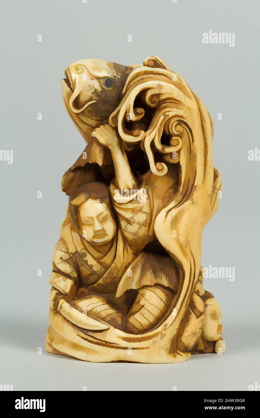 Kunst inspiriert von Netsuke der Gruppe der Männer im Wasser mit einem großen Karpfen, 19. Jahrhundert, Japan, Elfenbein, H. 3 in. (7,6 cm), Netsuke, Classic Works modernisiert von Artotop mit einem Schuss Moderne. Formen, Farbe und Wert, auffällige visuelle Wirkung auf Kunst. Emotionen durch Freiheit von Kunstwerken auf zeitgemäße Weise. Eine zeitlose Botschaft, die eine wild kreative neue Richtung verfolgt. Künstler, die sich dem digitalen Medium zuwenden und die Artotop NFT erschaffen Stockfoto