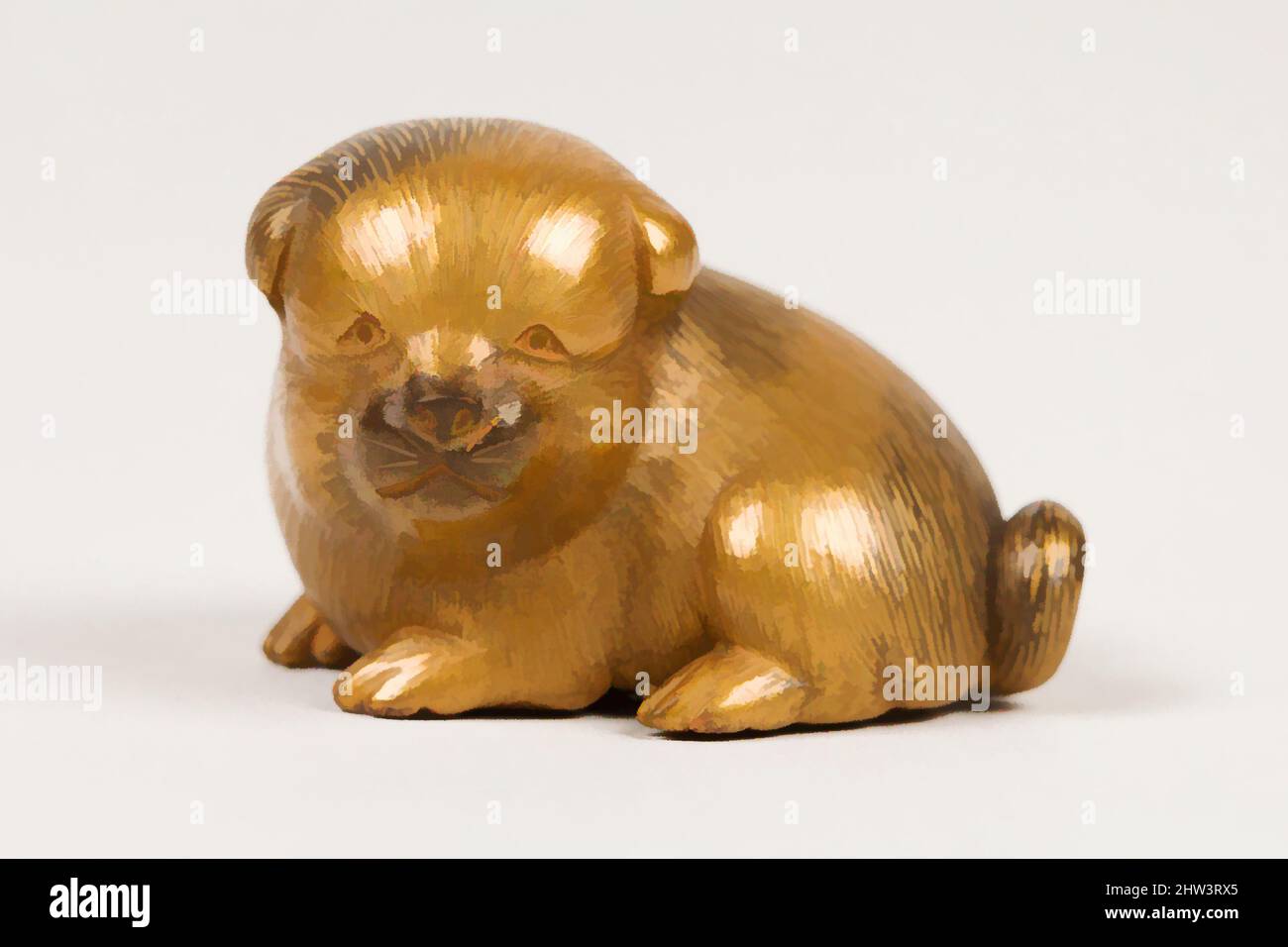 Kunst inspiriert von Netsuke of Seated Puppy with Short Curled Tail, erste Hälfte des 19.. Jahrhunderts, Japan, Holz, Goldlack mit schwarzer Melange; schwarze Lackaugen, H. 1 1/8 Zoll (2,9 cm); B: 1 Zoll (2,5 cm); L. 1 1/2 Zoll (3,8 cm), Netsuke, Norizane (Japanisch, Klassisches Werk, das von Artotop mit einem Schuss Modernität modernisiert wurde. Formen, Farbe und Wert, auffällige visuelle Wirkung auf Kunst. Emotionen durch Freiheit von Kunstwerken auf zeitgemäße Weise. Eine zeitlose Botschaft, die eine wild kreative neue Richtung verfolgt. Künstler, die sich dem digitalen Medium zuwenden und die Artotop NFT erschaffen Stockfoto