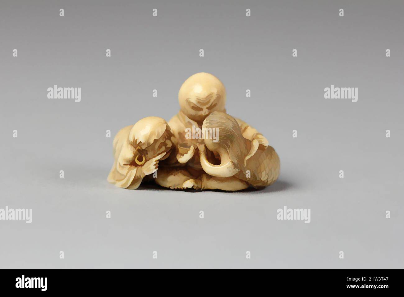 Art inspired by Netsuke of Daruma Mahning a Mermaid serving Sake to an Octopus, 19. Century, Japan, Ivory, H. 1 1/4 in. (3,2 cm); B: 1 7/8 Zoll (4,8 cm); D. 1 Zoll (2,5 cm), Netsuke, Classic Works modernisiert von Artotop mit einem Schuss Moderne. Formen, Farbe und Wert, auffällige visuelle Wirkung auf Kunst. Emotionen durch Freiheit von Kunstwerken auf zeitgemäße Weise. Eine zeitlose Botschaft, die eine wild kreative neue Richtung verfolgt. Künstler, die sich dem digitalen Medium zuwenden und die Artotop NFT erschaffen Stockfoto