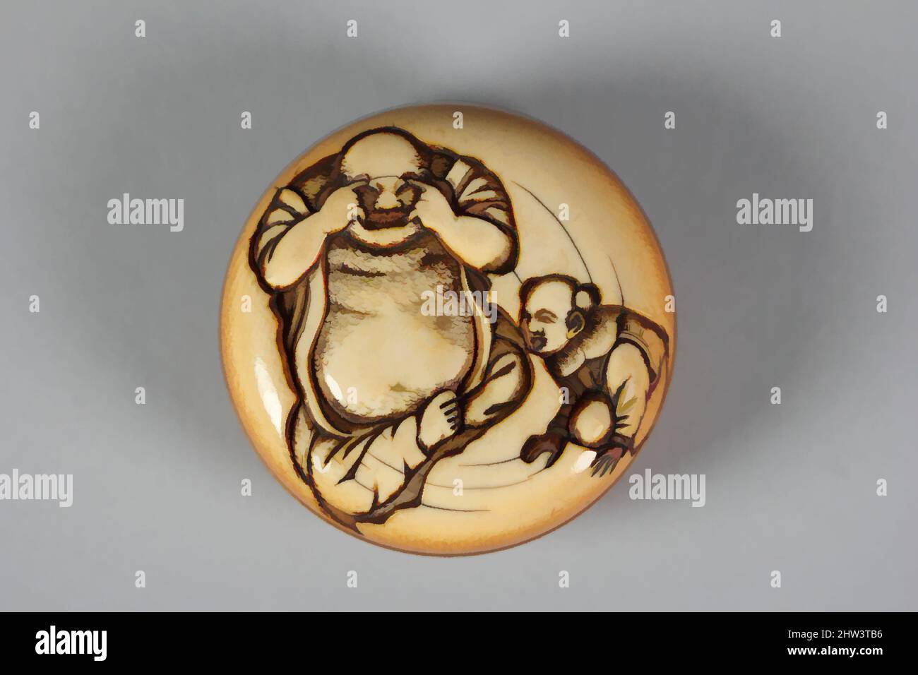 Kunst inspiriert von Netsuke of Hotei and Chinese Boy (Karako), 19. Century, Japan, Ivory, H. 7/8 in. (2,2 cm); Durchm. 2 1/2 Zoll (6,4 cm), Netsuke, Classic Works modernisiert von Artotop mit einem Schuss Moderne. Formen, Farbe und Wert, auffällige visuelle Wirkung auf Kunst. Emotionen durch Freiheit von Kunstwerken auf zeitgemäße Weise. Eine zeitlose Botschaft, die eine wild kreative neue Richtung verfolgt. Künstler, die sich dem digitalen Medium zuwenden und die Artotop NFT erschaffen Stockfoto