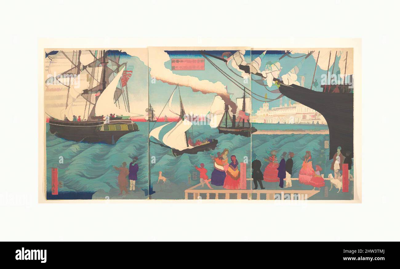 Kunst inspiriert von Schiffen, die aus Kalifornien, Amerika, Edo-Zeit (1615–1868), 3. Monate, 1862, Japan, Triptychon polychromer Holzschnitte; Tinte und Farbe auf Papier, Bild (A): 14 1/2 x 9 7/8 Zoll (36,8 x 25,1 cm), Drucke, Utagawa (Gountei) Sadahide (japanisch, 1807–1878/79, Klassische Werke, die von Artotop mit einem Schuss Moderne modernisiert wurden. Formen, Farbe und Wert, auffällige visuelle Wirkung auf Kunst. Emotionen durch Freiheit von Kunstwerken auf zeitgemäße Weise. Eine zeitlose Botschaft, die eine wild kreative neue Richtung verfolgt. Künstler, die sich dem digitalen Medium zuwenden und die Artotop NFT erschaffen Stockfoto