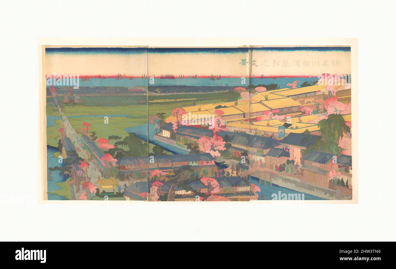 Kunst inspiriert von Blick auf die Yokohama Pleasure Quarters von Kanagawa in der Cherry Blossom Time, Edo-Periode (1615–1868), 2. Monate, 1860, Japan, Triptychon aus polychromen Holzschnitten; Tinte und Farbe auf Papier, Bild (A): 14 3/4 x 9 7/8 Zoll (37,5 x 25,1 cm), Drucke, Utagawa (Gountei) Sadahide, Klassische Werke, die von Artotop mit einem Schuss Moderne modernisiert wurden. Formen, Farbe und Wert, auffällige visuelle Wirkung auf Kunst. Emotionen durch Freiheit von Kunstwerken auf zeitgemäße Weise. Eine zeitlose Botschaft, die eine wild kreative neue Richtung verfolgt. Künstler, die sich dem digitalen Medium zuwenden und die Artotop NFT erschaffen Stockfoto