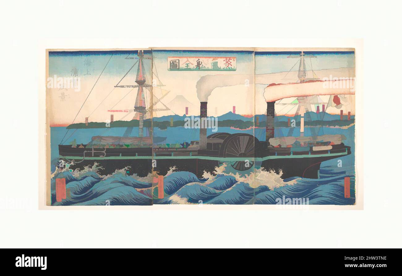 Kunst inspiriert von Jōkisen zenzu, Gesamtbild eines Dampfschiffes vor Kanazawa, Edo-Zeit (1615–1868), 19. Jahrhundert, Japan, Triptychon polychromer Holzschnitte; Tinte und Farbe auf Papier, Bild (A): 14 1/8 x 9 3/8 Zoll (35,9 x 23,8 cm), Drucke, Utagawa (Gountei) Sadahide (japanisch, 1807–, Klassische Werke, die von Artotop mit einem Schuss Moderne modernisiert wurden. Formen, Farbe und Wert, auffällige visuelle Wirkung auf Kunst. Emotionen durch Freiheit von Kunstwerken auf zeitgemäße Weise. Eine zeitlose Botschaft, die eine wild kreative neue Richtung verfolgt. Künstler, die sich dem digitalen Medium zuwenden und die Artotop NFT erschaffen Stockfoto