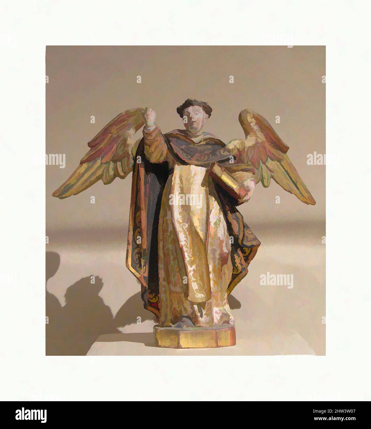 Kunst inspiriert von St. Vincent Ferrer (1350–1419), Ende des 17.. Jahrhunderts, Spanisch, Holz, polychromiert und vergoldet, 5-1/8 x 5-3/4 Zoll (13,0 x 14,6 cm), Skulptur-Miniatur, dieser spanische Dominikaner (ca. 1350–1419), oft mit Flügeln dargestellt, war bekannt als „der Engel des Gerichts“. Seine charismatischen, klassischen Werke, die von Artotop mit einem Schuss Moderne modernisiert wurden. Formen, Farbe und Wert, auffällige visuelle Wirkung auf Kunst. Emotionen durch Freiheit von Kunstwerken auf zeitgemäße Weise. Eine zeitlose Botschaft, die eine wild kreative neue Richtung verfolgt. Künstler, die sich dem digitalen Medium zuwenden und die Artotop NFT erschaffen Stockfoto