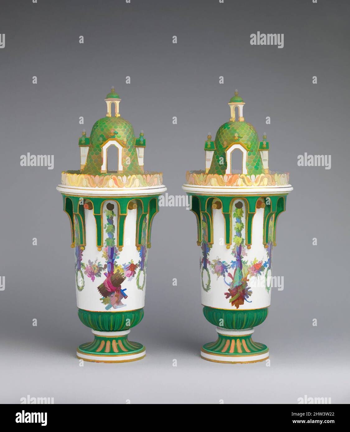 Kunst inspiriert von Vase mit Cover (Vase en Tour) (eine von einem Paar), ca. 1763, Französisch, Sèvres, Weichporzellan, insgesamt (bestätigt): H. 20 1/8 x B. 8 1/4 x D. 7 7/8 Zoll (51,1 x 21 x 20-20,5 cm), Keramik-Porzellan, aufgrund der funktionalen Natur der Dienstleistungen zum Essen oder zum Tee gemacht, Classic Works modernisiert von Artotop mit einem Schuss Moderne. Formen, Farbe und Wert, auffällige visuelle Wirkung auf Kunst. Emotionen durch Freiheit von Kunstwerken auf zeitgemäße Weise. Eine zeitlose Botschaft, die eine wild kreative neue Richtung verfolgt. Künstler, die sich dem digitalen Medium zuwenden und die Artotop NFT erschaffen Stockfoto