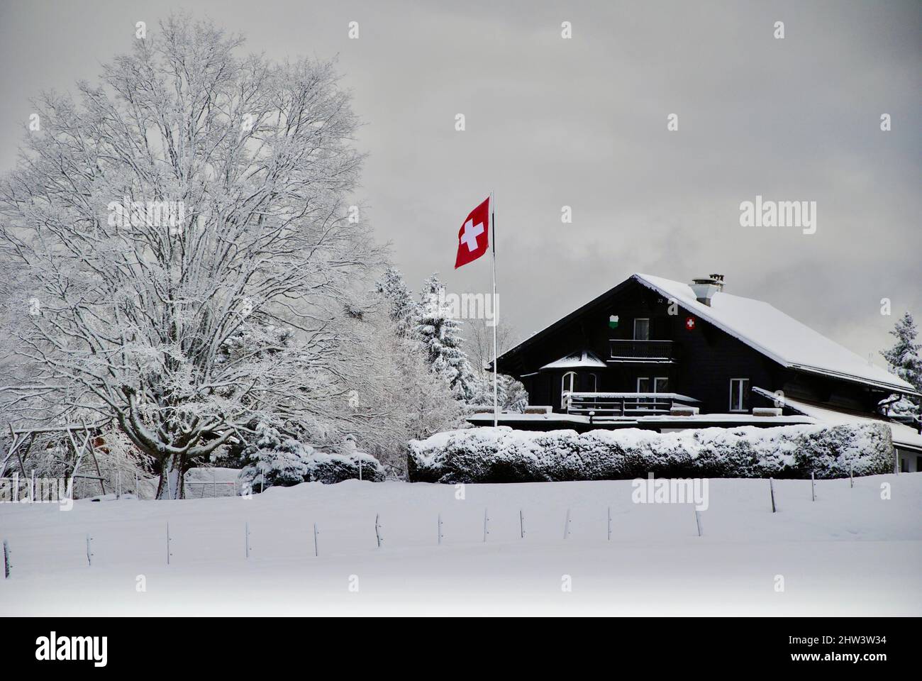 Chalet mit Schweizer Flagge in Les Ecovets, Villars-sur-Ollon in den Schweizer Alpen Stockfoto