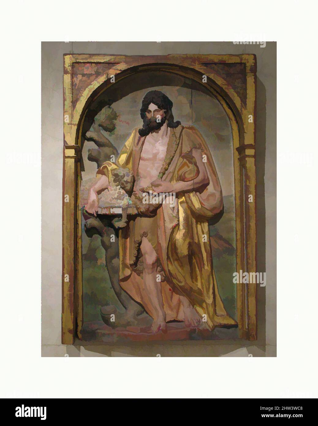 Kunst inspiriert von Johannes dem Täufer, ca. 1580–92, Spanisch, Navarra, Holz, polychromiert und vergoldet, 44-1/4 x 29-5/8 x 5-1/4 Zoll (112,4 x 75,2 x 13,3 cm), Skulptur, Juan de Ancheta (spanisch, ca. 1540–1592), Obwohl klassische, heroische Elemente von Michelangelos Figurenfigur integriert wurden, modernisierte Classic Works von Artotop mit einem Schuss Modernität. Formen, Farbe und Wert, auffällige visuelle Wirkung auf Kunst. Emotionen durch Freiheit von Kunstwerken auf zeitgemäße Weise. Eine zeitlose Botschaft, die eine wild kreative neue Richtung verfolgt. Künstler, die sich dem digitalen Medium zuwenden und die Artotop NFT erschaffen Stockfoto
