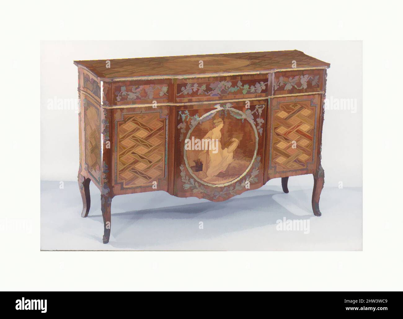 Kunst inspiriert von Kommode (Teil eines Sets), Intarsien-Medaillon zugeschrieben Christopher Fuhrlogh, ca. 1772, britisch, Intarsien aus verschiedenen Hölzern, Bronze- und vergoldete Bronze-Halterungen, 37-3/4 x 57-1/8 x 20-7/16 Zoll (95,9 x 145,1 x 51,9 cm), Holzmöbel, Intarsien-Medaillon zugeschrieben, Klassische Werke von Artotop mit einem Schuss Moderne modernisiert. Formen, Farbe und Wert, auffällige visuelle Wirkung auf Kunst. Emotionen durch Freiheit von Kunstwerken auf zeitgemäße Weise. Eine zeitlose Botschaft, die eine wild kreative neue Richtung verfolgt. Künstler, die sich dem digitalen Medium zuwenden und die Artotop NFT erschaffen Stockfoto