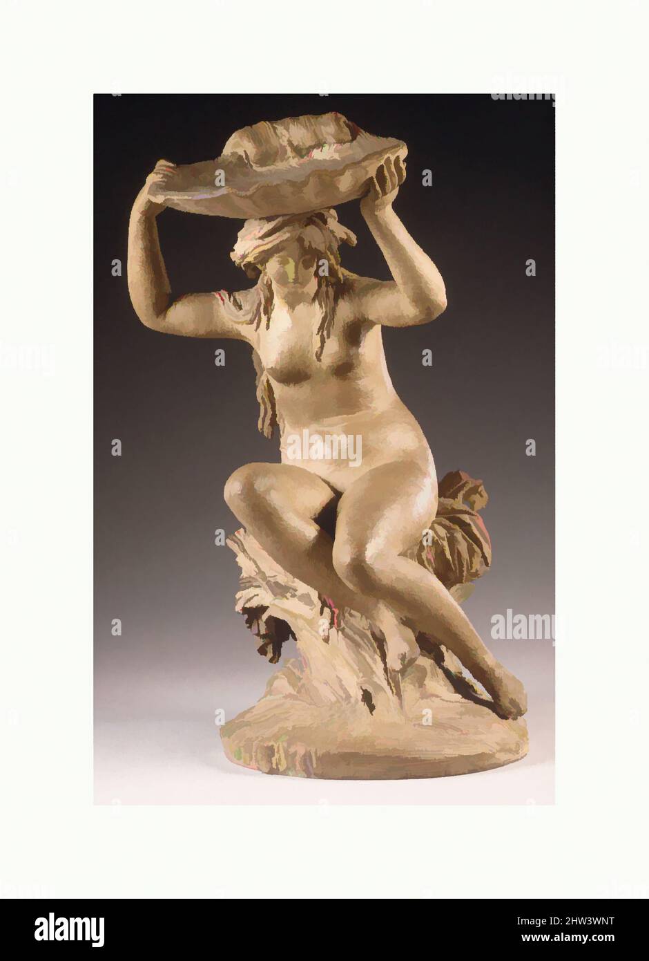 Art inspired by Naiad Support a Shell on her Head, 1793, French, Paris, Pale Buff Terracotta beschichtet mit einem bräunlich-gelben Lack, Höhe: 13 3/4 Zoll (34,9 cm); Höhe (entfernter Sockel): 2 Zoll (5,1 cm), Skulptur, Joseph-Charles Marin (französisch, Paris 1759–1834 Paris), wahrscheinlich Marins, Klassische Werke, die von Artotop mit einem Hauch von Moderne modernisiert wurden. Formen, Farbe und Wert, auffällige visuelle Wirkung auf Kunst. Emotionen durch Freiheit von Kunstwerken auf zeitgemäße Weise. Eine zeitlose Botschaft, die eine wild kreative neue Richtung verfolgt. Künstler, die sich dem digitalen Medium zuwenden und die Artotop NFT erschaffen Stockfoto