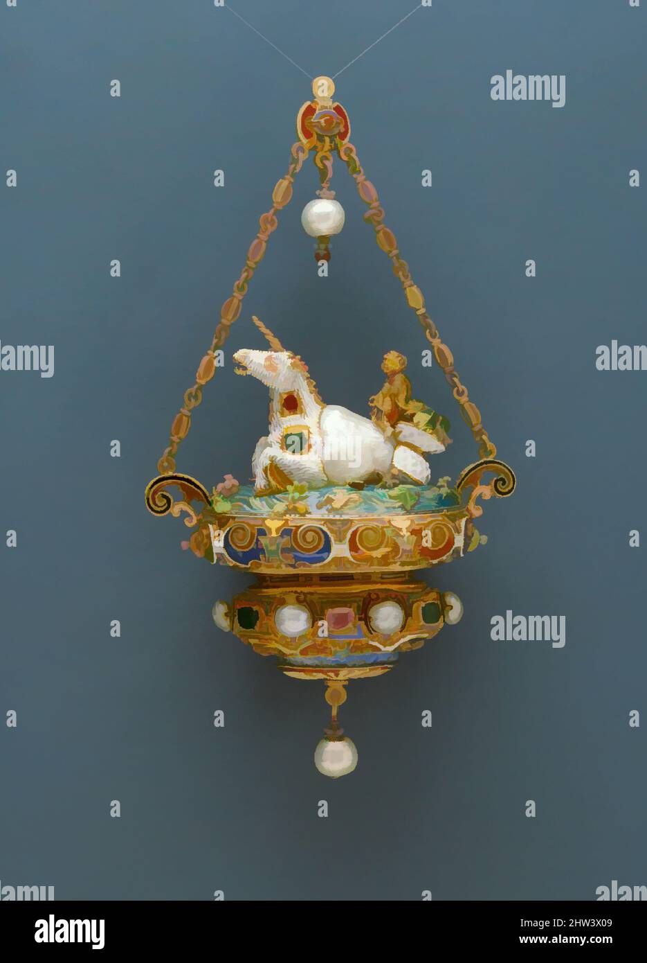Kunst inspiriert von Anhänger mit einem Triton, der ein einhornähnliches Meeresgeschöpf reitet, ca. 1870–95, wahrscheinlich deutsch oder französisch, barocke Perle mit emailliertem Gold, besetzt mit Perlen, Smaragden und Rubinen und mit hängenden Perlen, Höhe: 4 1/2 Zoll (11,4 cm), Metallarbeiten-Gold und Platin, mit den, Classic Works modernisiert von Artotop mit einem Schuss Moderne. Formen, Farbe und Wert, auffällige visuelle Wirkung auf Kunst. Emotionen durch Freiheit von Kunstwerken auf zeitgemäße Weise. Eine zeitlose Botschaft, die eine wild kreative neue Richtung verfolgt. Künstler, die sich dem digitalen Medium zuwenden und die Artotop NFT erschaffen Stockfoto