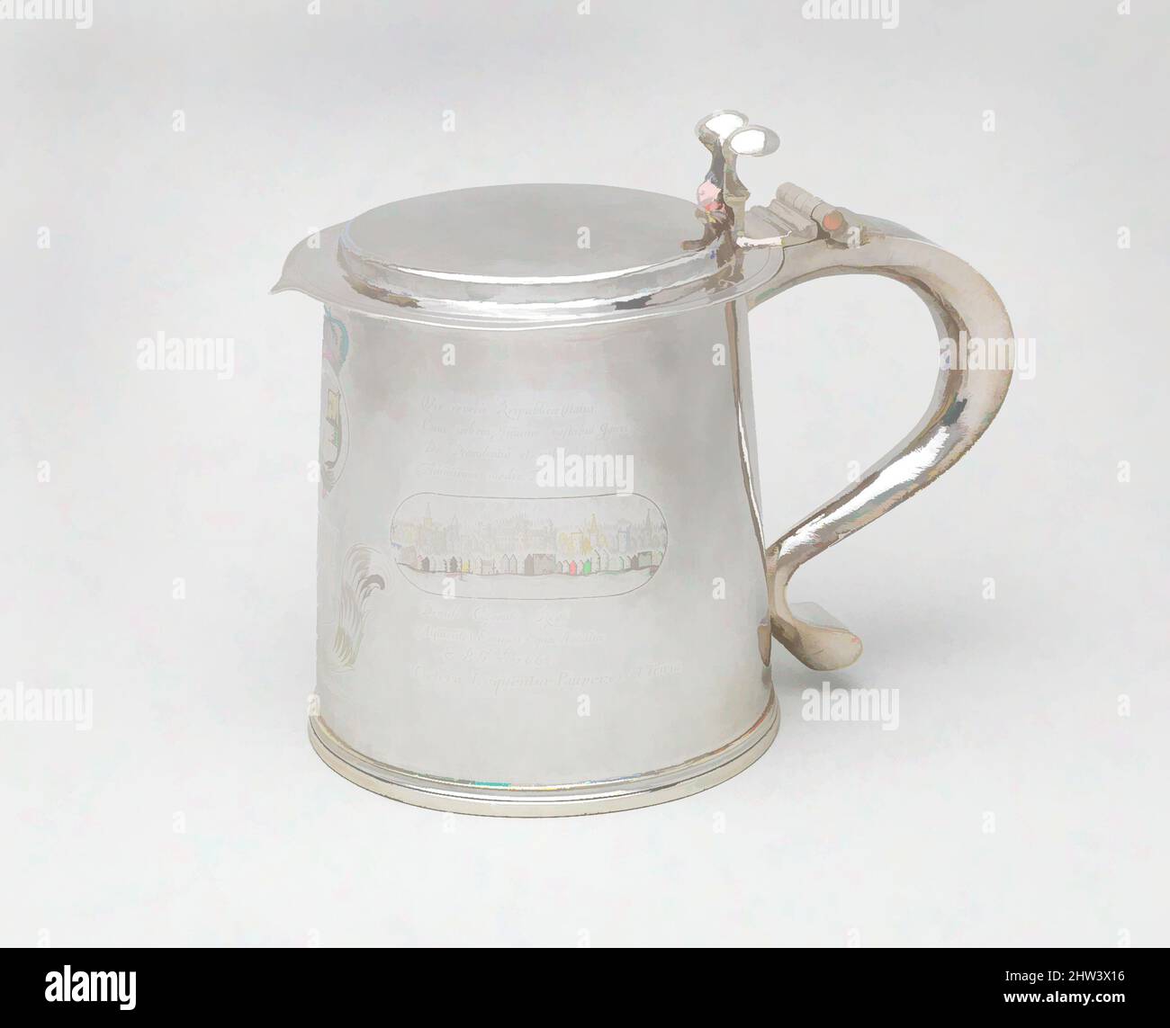 Von Tankard inspirierte Kunst mit Szenen, die das Feuer von London und die große Pest darstellen, I N (britisch, Mitte des späten 17.. Jahrhunderts), 1675/76, britisch, London, Silber, insgesamt (bestätigt): 7 1/2 × 9 1/4 × 6 Zoll, 37 oz. 13 dwt. (19,1 × 23,5 × 15,2 cm, 1170,995g), Metallarbeiten-Silber, I N (, Klassisches Werk, modernisiert von Artotop mit einem Schuss Modernität. Formen, Farbe und Wert, auffällige visuelle Wirkung auf Kunst. Emotionen durch Freiheit von Kunstwerken auf zeitgemäße Weise. Eine zeitlose Botschaft, die eine wild kreative neue Richtung verfolgt. Künstler, die sich dem digitalen Medium zuwenden und die Artotop NFT erschaffen Stockfoto