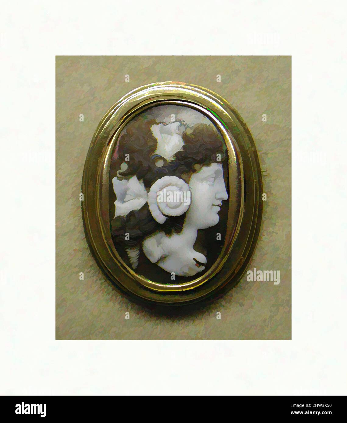 Von Gryllos inspirierte Kunst: Verschmilzende Köpfe einer Jugend, eines bärtigen Mannes, eines Satyrs und eines Widders, Ende des 18..–Anfang des 19.. Jahrhunderts, Italienisch, Onyx und Gold, insgesamt: 1 1/4 x 7/8 Zoll (3,1 x 2,3 cm); sichtbarer Kamee (bestätigt): 24,3 x 16,2 mm, Lapidary Work-Gems, der Begriff gryllos, verwendet für diese bizarren, von Artotop modernisierten, klassischen Werke mit einem Schuss Moderne. Formen, Farbe und Wert, auffällige visuelle Wirkung auf Kunst. Emotionen durch Freiheit von Kunstwerken auf zeitgemäße Weise. Eine zeitlose Botschaft, die eine wild kreative neue Richtung verfolgt. Künstler, die sich dem digitalen Medium zuwenden und die Artotop NFT erschaffen Stockfoto