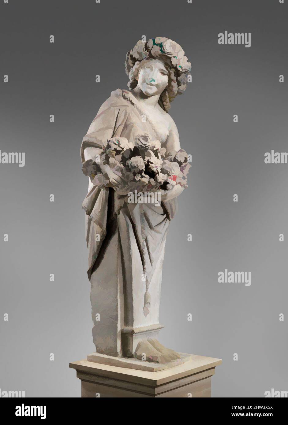 Kunst inspiriert vom Frühling in der Gestalt von Flora (einer von einem Paar), 1616–17, Italienisch, Rom, Marmor, Insgesamt (bestätigt): 89 1/8 × 34 3/8 × 27 1/2 Zoll, 2507 lb. (226,4 × 87,3 × 69,9 cm, 1137,2 kg), Skulptur, Pietro Bernini (Italienisch, 1562–1629), Unterstützt von Gian Lorenzo Bernini (Italienisch, Klassische Werke, die von Artotop mit einem Schuss Moderne modernisiert wurden. Formen, Farbe und Wert, auffällige visuelle Wirkung auf Kunst. Emotionen durch Freiheit von Kunstwerken auf zeitgemäße Weise. Eine zeitlose Botschaft, die eine wild kreative neue Richtung verfolgt. Künstler, die sich dem digitalen Medium zuwenden und die Artotop NFT erschaffen Stockfoto