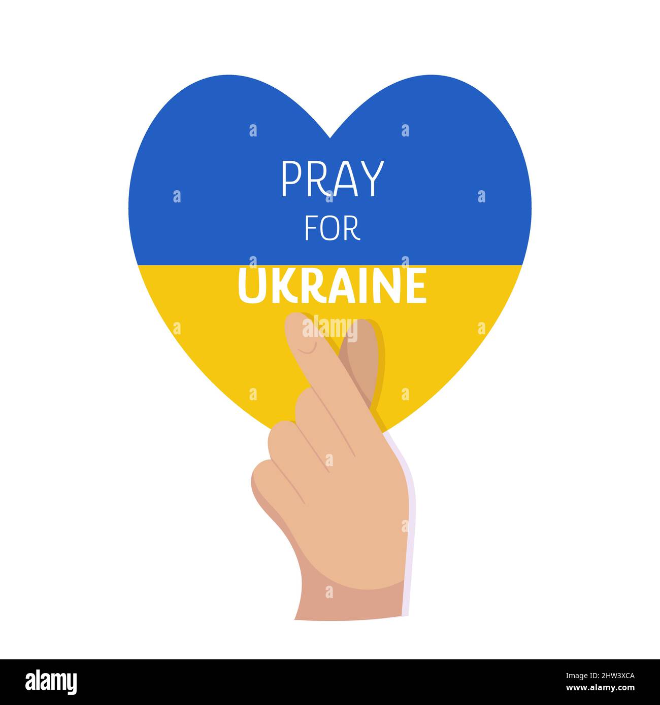 Betet für die Ukraine auf gelbem und blauem Herzgrund. Koreanische Herzgeste. Liebe die Ukraine, keine Darstellung der Kriegsunterstützung. Stock Vektor