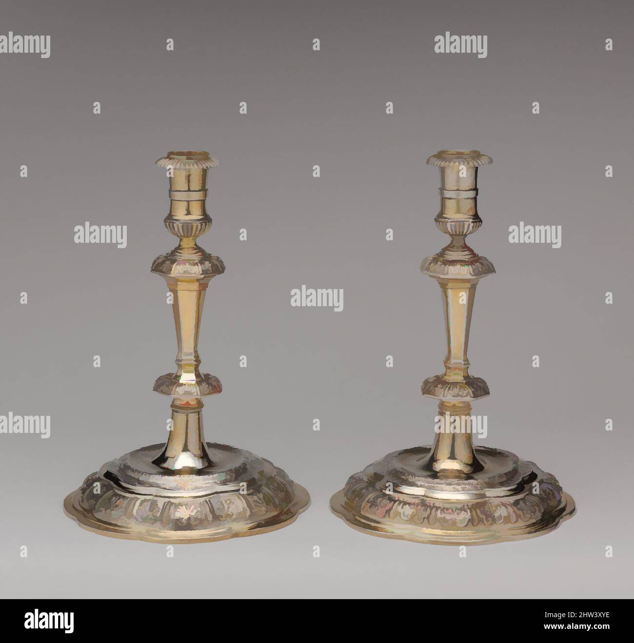 Kunst inspiriert von Candlestick (einer von einem Paar), Master 'RW' (Schwedisch, Upsala, Anfang des 18.. Jahrhunderts), ca. 1710–20, Schwedisch, Uppsals, Silber, teilweise vergoldet, H. 8 1/2 Zoll (21,5 cm); D. stehend 5 3/4 Zoll (15 cm), Metallwerk-Silber, Master 'RW' (Schwedisch, Upsala, Anfang 18. Jahrhundert), Early-, Classic Works modernisiert von Artotop mit einem Schuss Moderne. Formen, Farbe und Wert, auffällige visuelle Wirkung auf Kunst. Emotionen durch Freiheit von Kunstwerken auf zeitgemäße Weise. Eine zeitlose Botschaft, die eine wild kreative neue Richtung verfolgt. Künstler, die sich dem digitalen Medium zuwenden und die Artotop NFT erschaffen Stockfoto