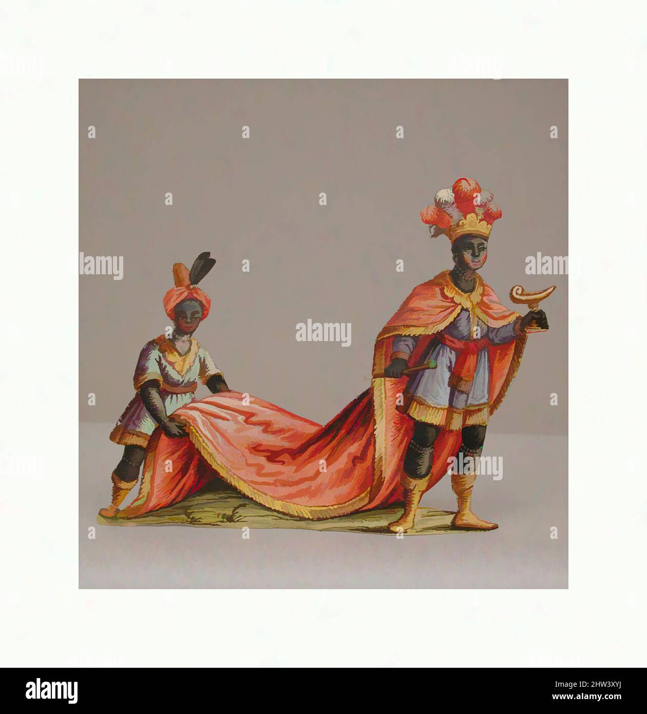 Art inspired by Black Magus with his Blackamoor Attendants, 18. Century, Süddeutsch, Gouache on paper, Ave.: 4 in. (10,2 cm), Papier, Klassisches Werk von Artotop mit einem Schuss Moderne modernisiert. Formen, Farbe und Wert, auffällige visuelle Wirkung auf Kunst. Emotionen durch Freiheit von Kunstwerken auf zeitgemäße Weise. Eine zeitlose Botschaft, die eine wild kreative neue Richtung verfolgt. Künstler, die sich dem digitalen Medium zuwenden und die Artotop NFT erschaffen Stockfoto